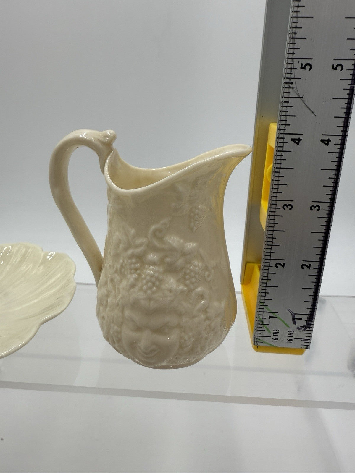 Belleek Irish Porcelain Bacchus Mask Grapes Embossed 4” Pitcher