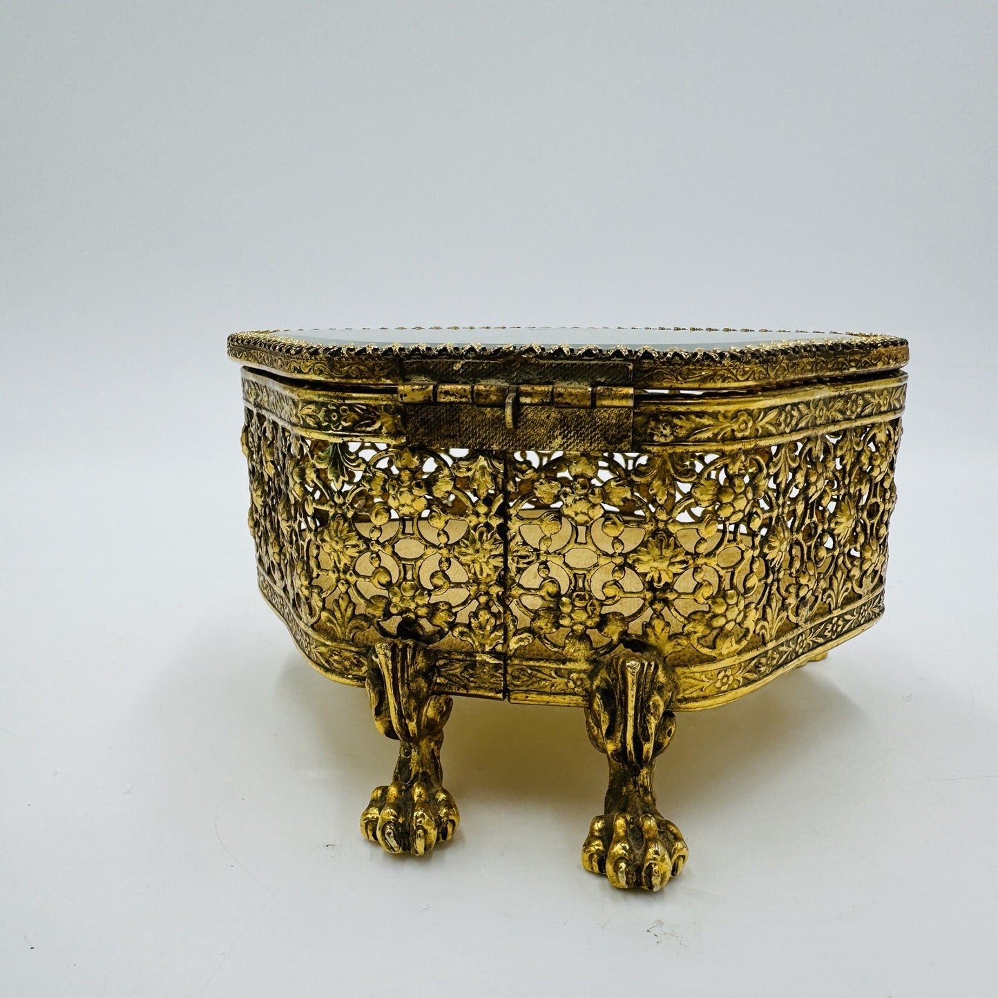 French Beveled Glass Gold Filigree Ormolu Jewelry Casket Box Claw Foot Vintage