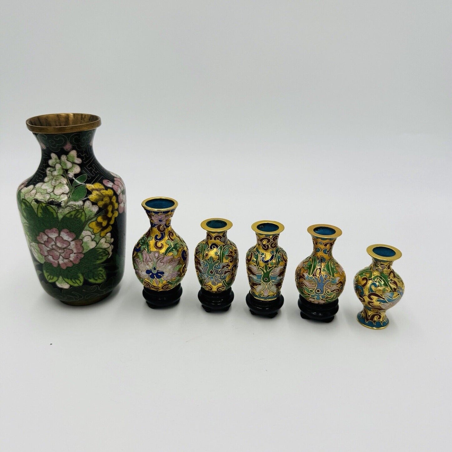Vintage Cloisonné Enamel Mini Vases Set 6 Pieces Floral
