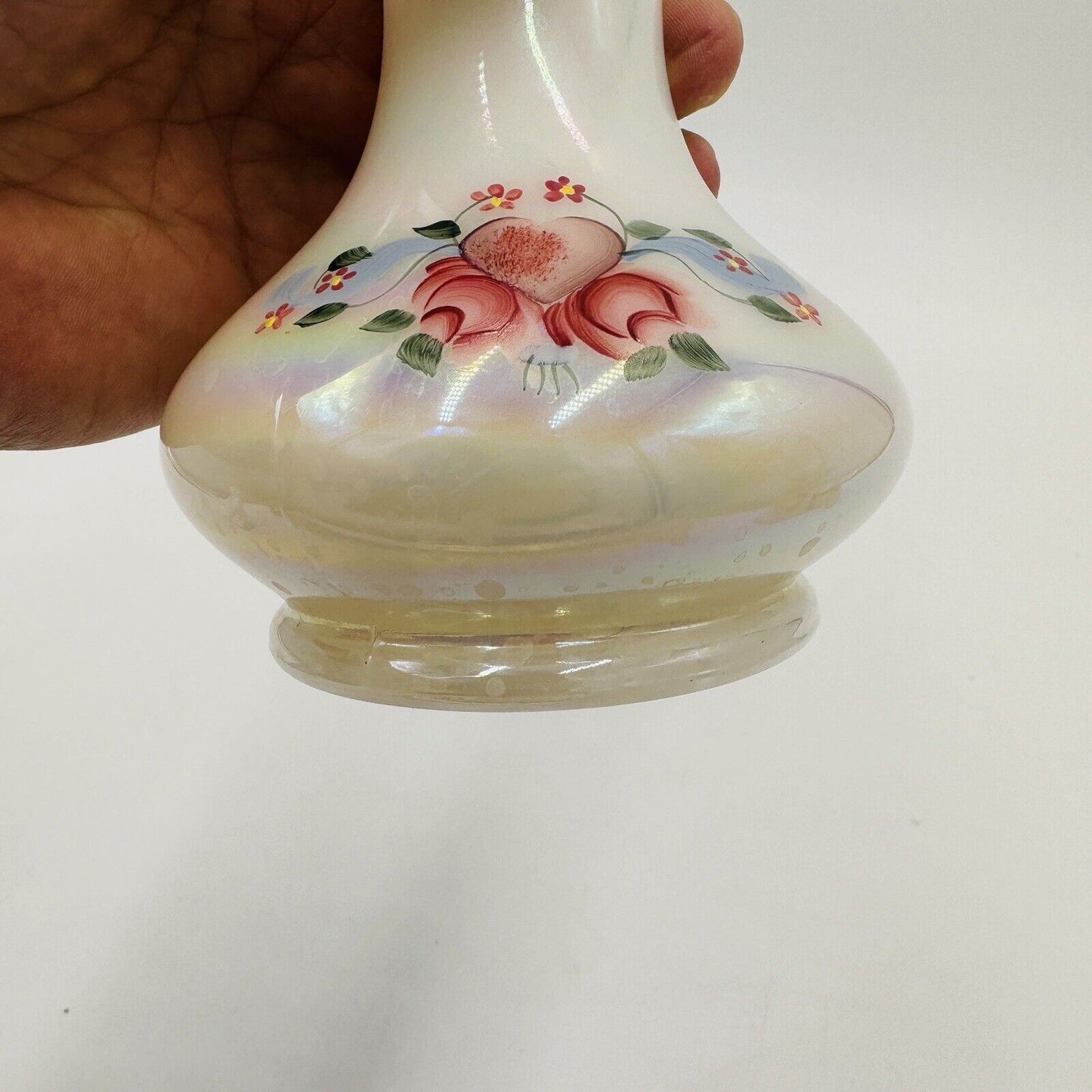 Fenton Art Glass Floral Iridescent Jack In The Pulpit Vase Handpainted Signed 9"