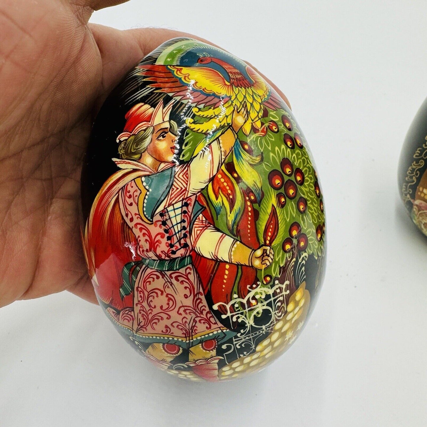 Mockba Hand Painted Easter Egg Wooden Folk Art 4.5in Signed Vintage