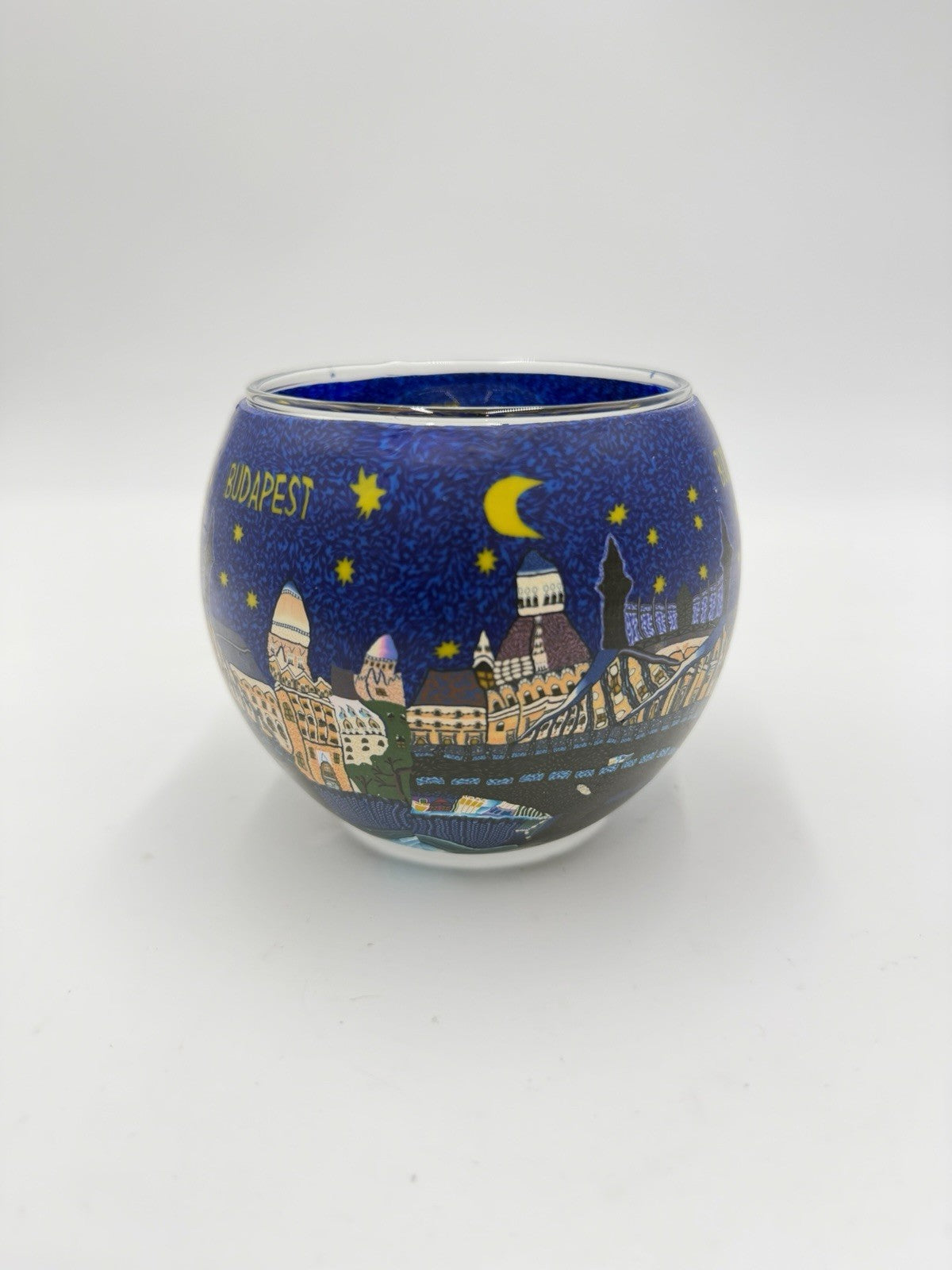 Leuchtglas germany art glass votive candle holder city Budapest Hungary 3.5”x3”