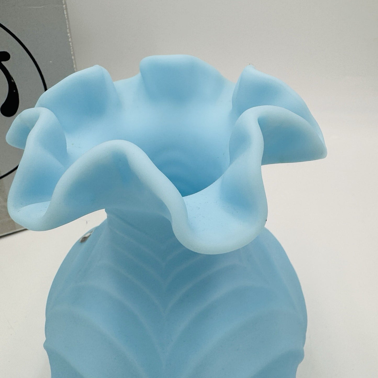 Fenton Draped Blue Satin Glass Vase Vintage Art Glass Ruffled Edge Drapery 8in
