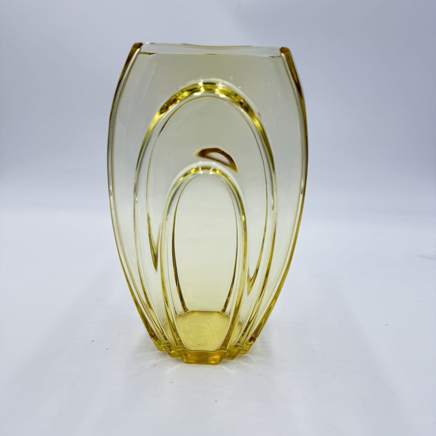 GEORGE SAKIER Fostoria Art Glass Amber Yellow MCM Vase 7.5” USA Rare
