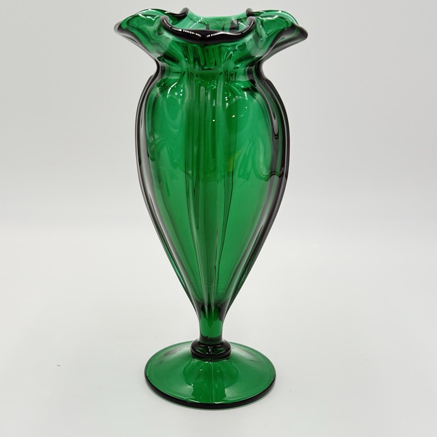 MCM Wayne Husted Stelvia emerald green art glass ruffled compote Vase 9.5”