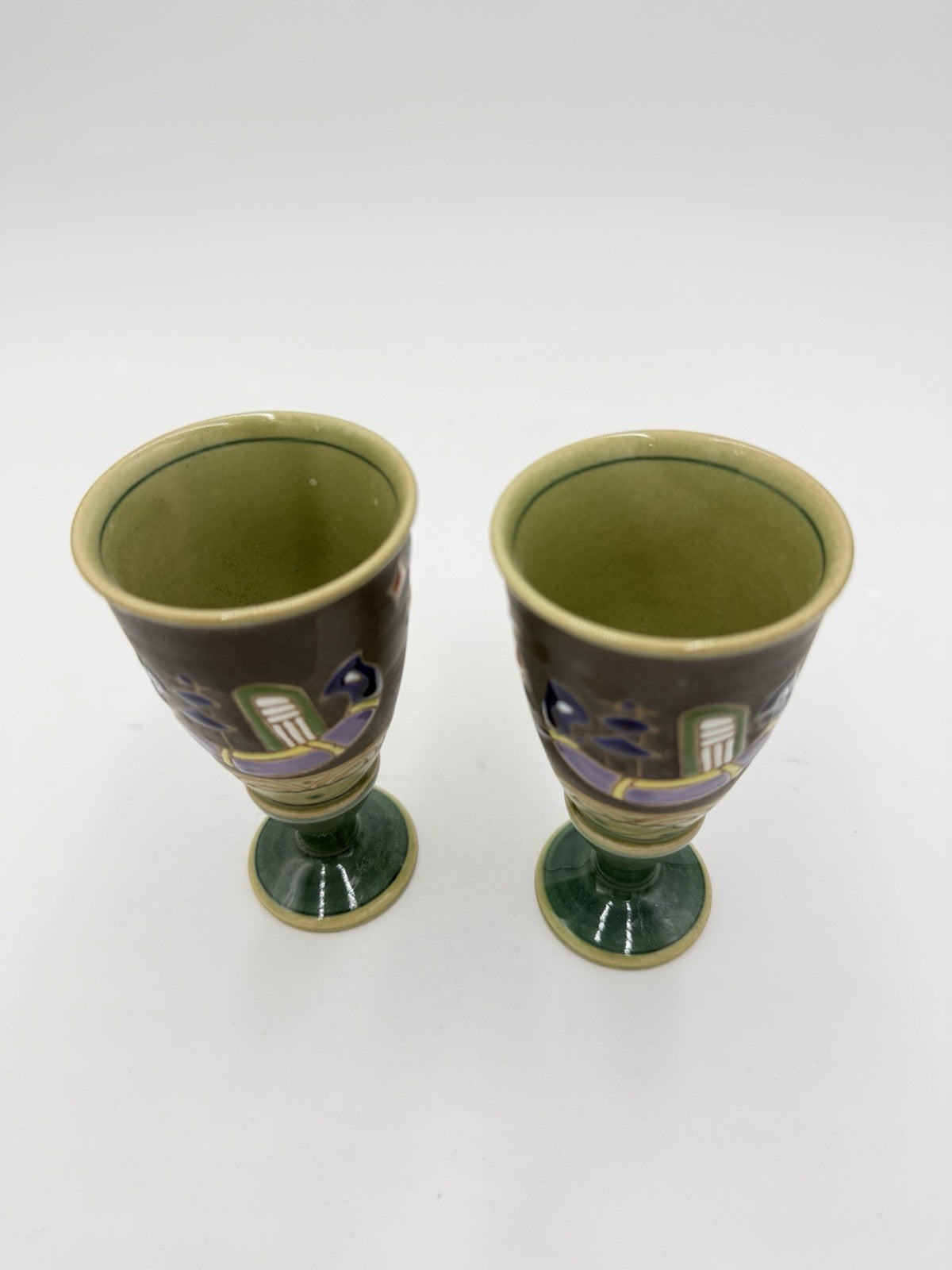 VTG Arita Cups Horse Signed Incised & Enameled Pottery Wine Goblet 4 1/2" Japan