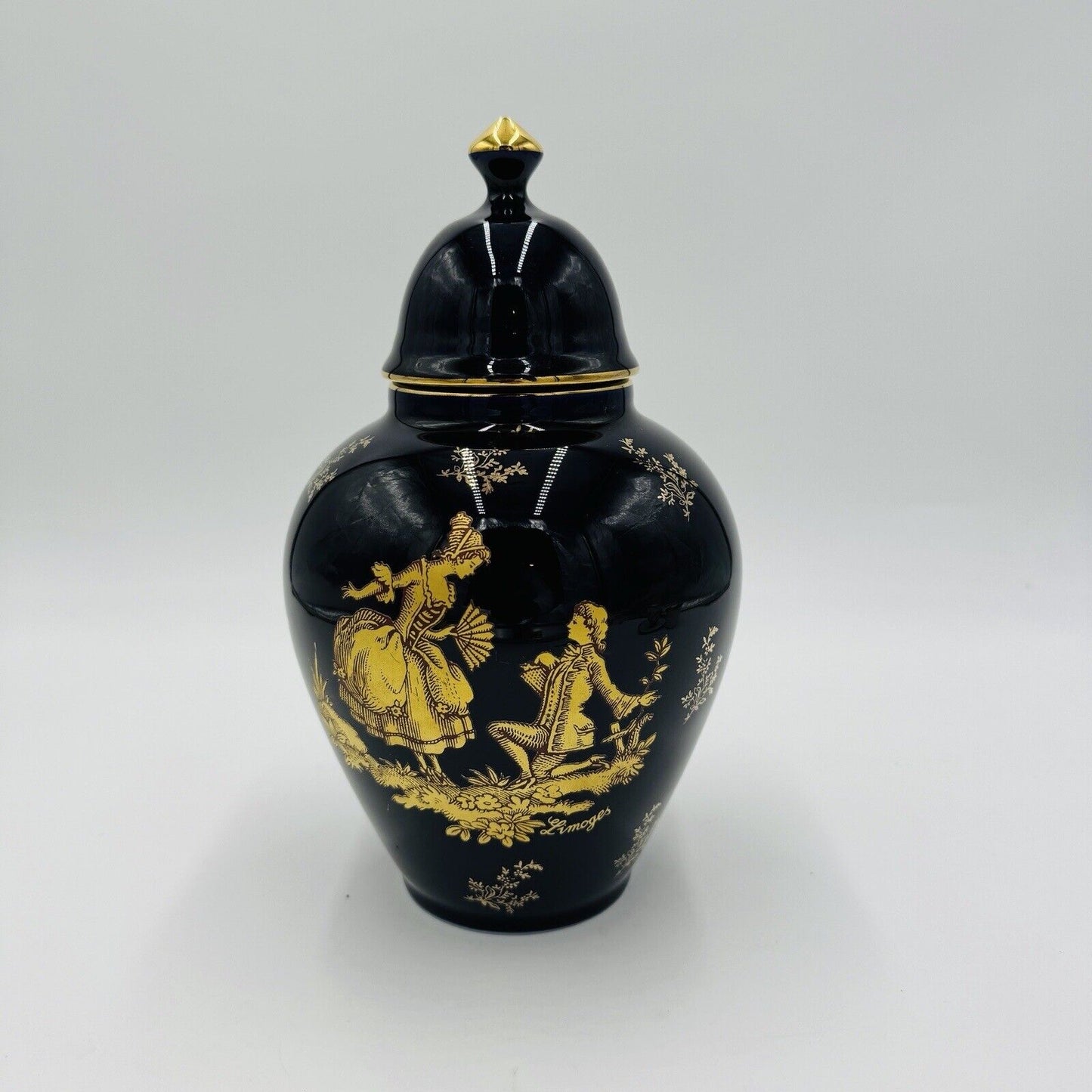 Limoges France Cobalt Blue Urn W/ Lid courting couple porcelain 9.5” Gold Trim