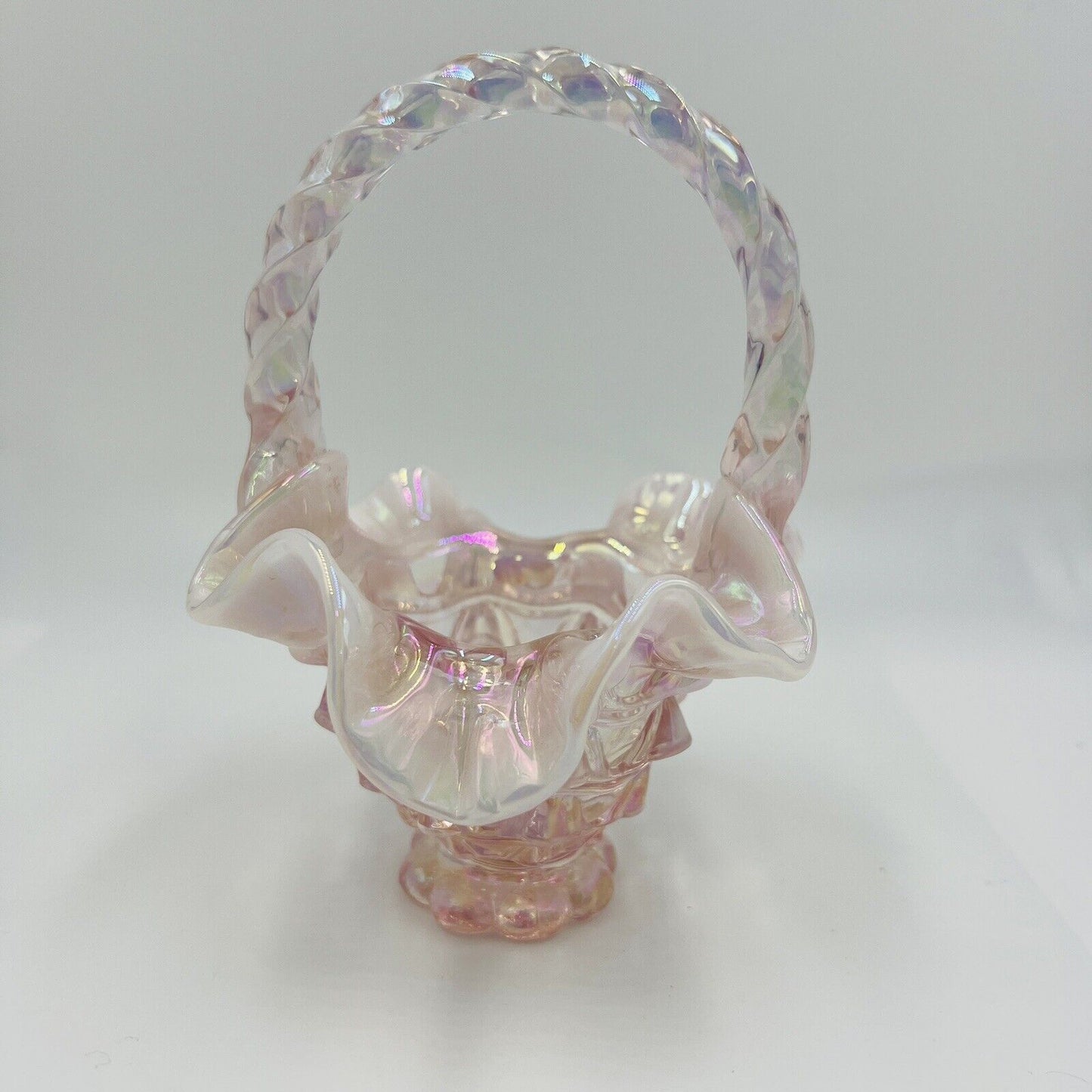 Fenton Basket Butch Wright Carnival Glass Pink Opalescent Home Decor Handle Art