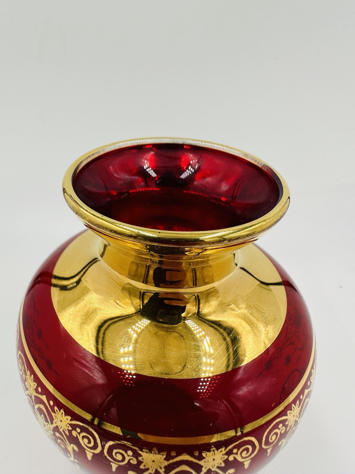 Murano Vase Glass Red Gold Trim Gilding Overlay Late 20th Century Bud