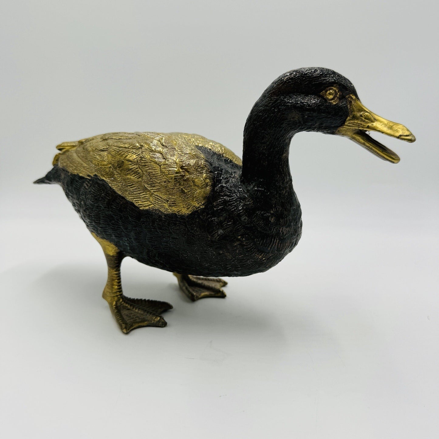 Brass Duck Mallard Sculpture Detailed Vintage 6in H x 11in L Rare MCM Solid