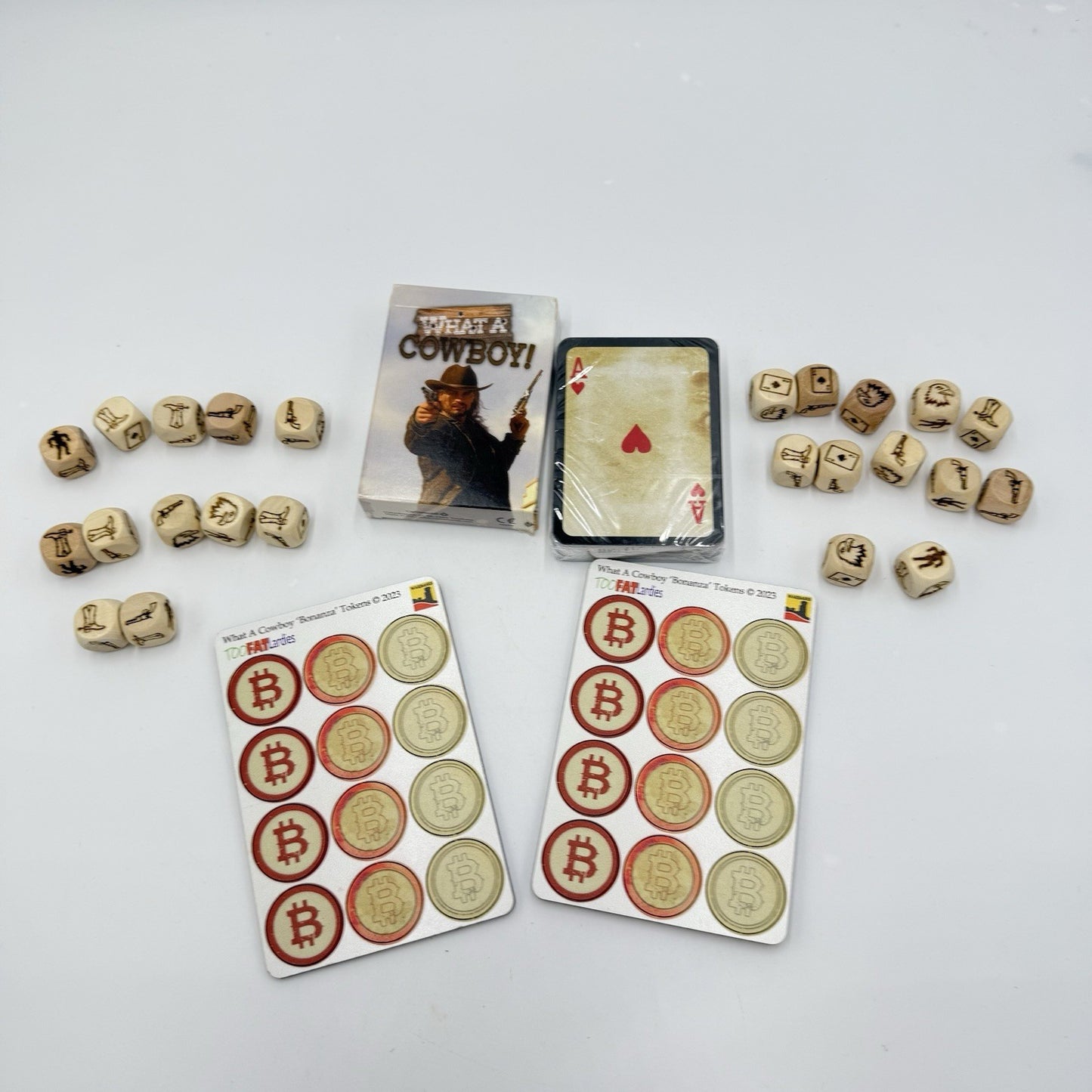What a COWBOY BUNDLE Sealed Deck Of Cards Tokens TOO FAT LARDIES & Custom Dice