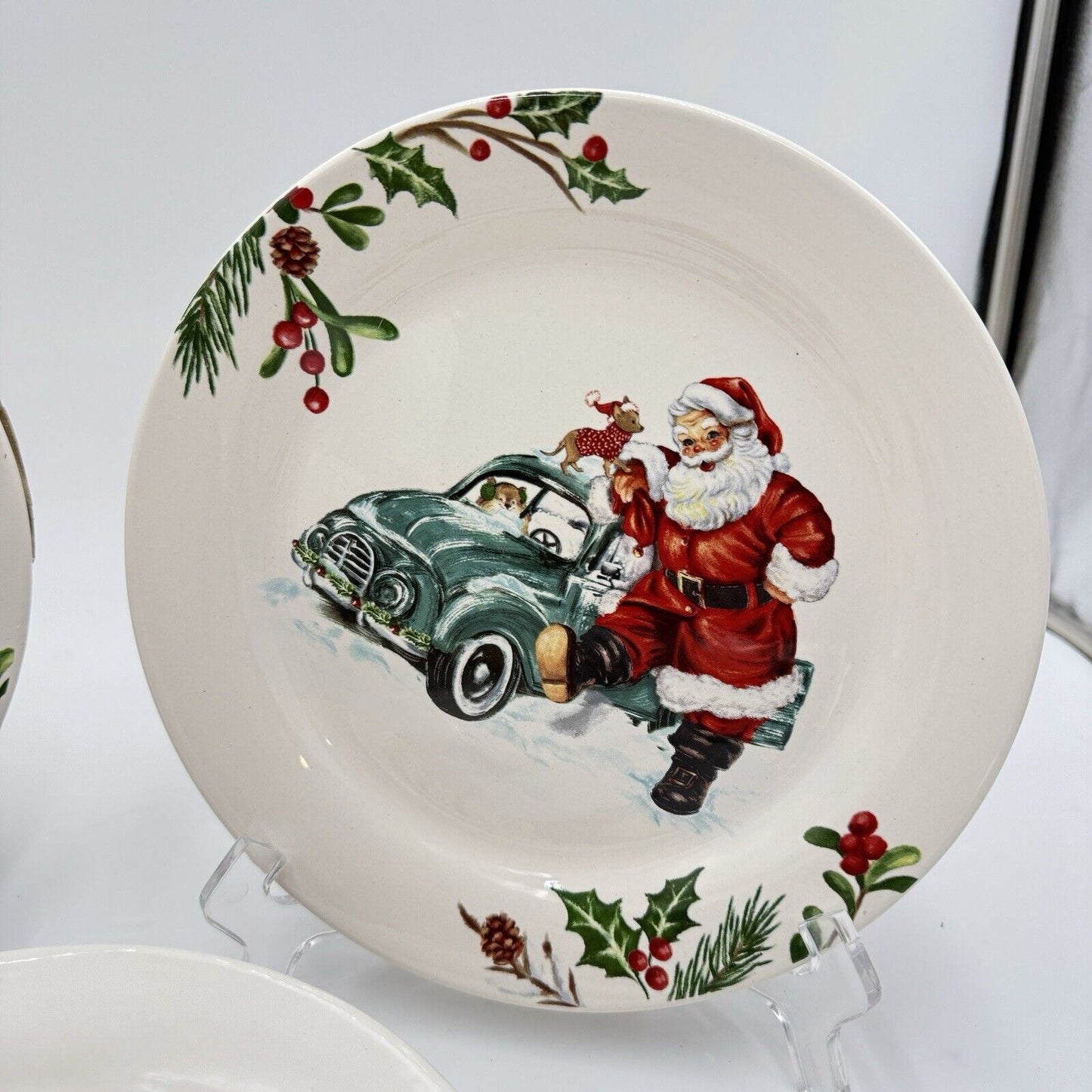 Pier 1 Ironstone Winter Wonders 9" Salad Plate 4 Different Santas White Red Rare