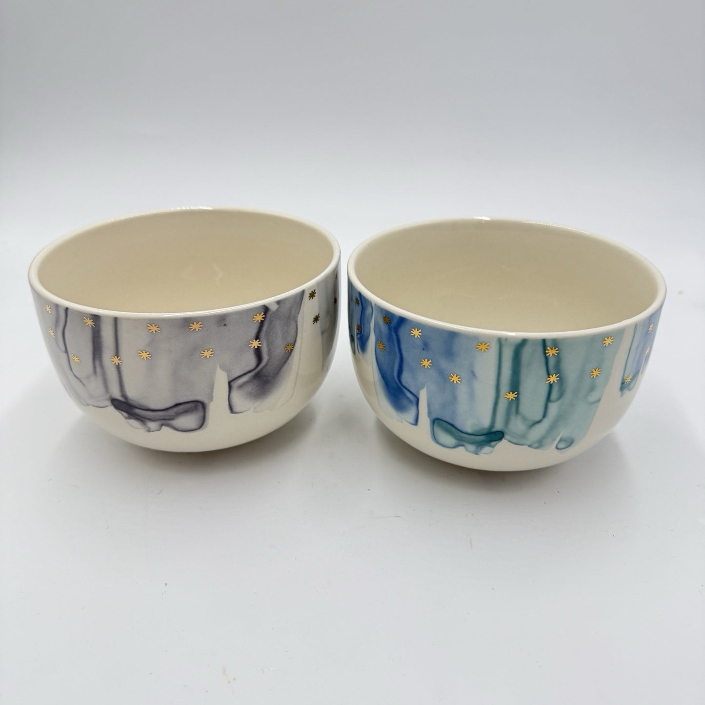 Anthropologie Night Sky Bowl Stoneware Blue Teal Drip Watercolor Wash Gold Star