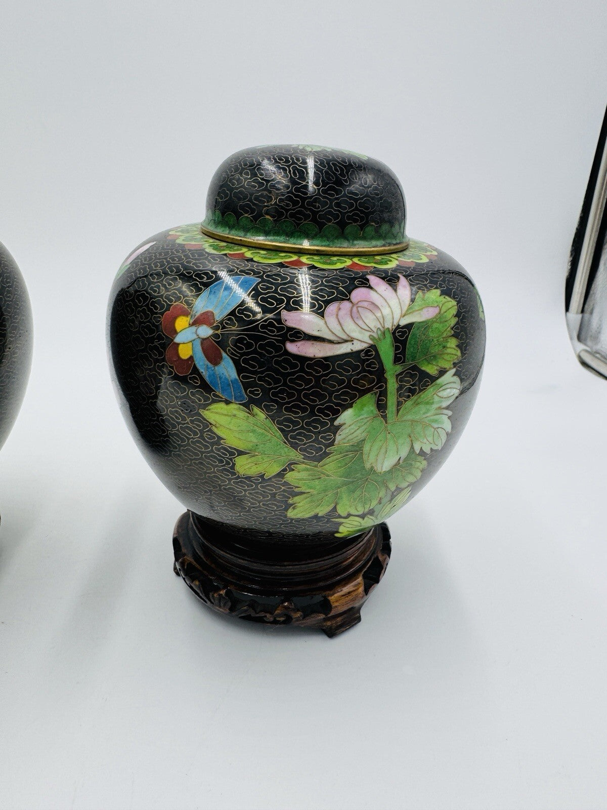 Vintage Cloisonne Brass Enameled Ginger Jar Floral Butterfly Inlay Design 7in