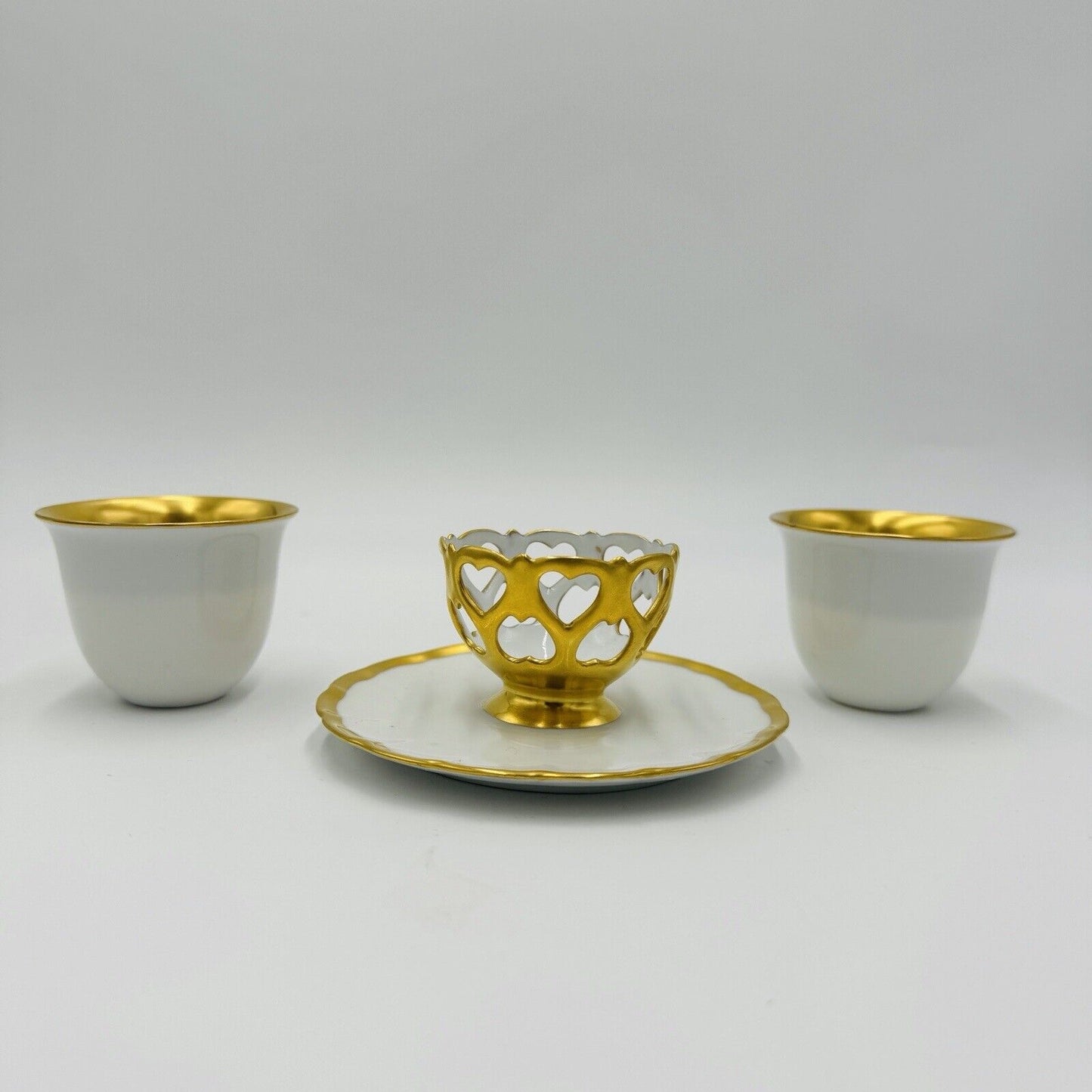 French Porcelain Gold Trim Egg Cups 3 Pieces Unmarked Rare Antique Serveware