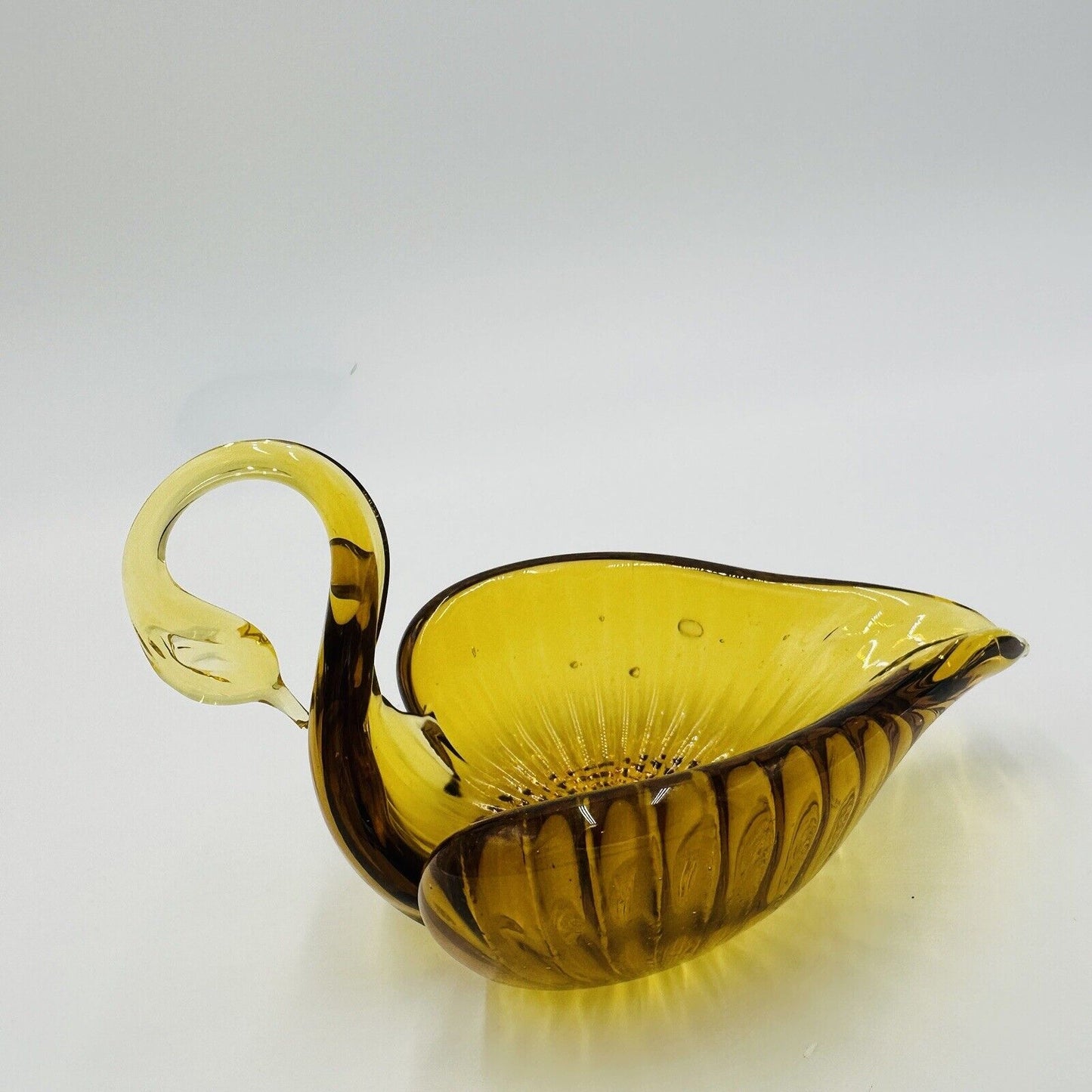 Swan Bowl Glass Figurine Vintage Art Amber Orange Candy Dish Decorative