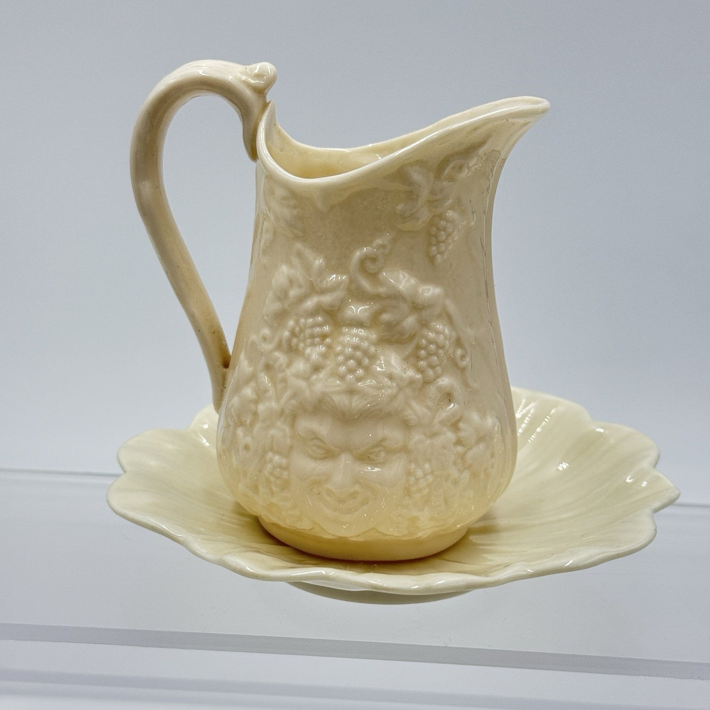 Belleek Irish Porcelain Bacchus Mask Grapes Embossed 4” Pitcher