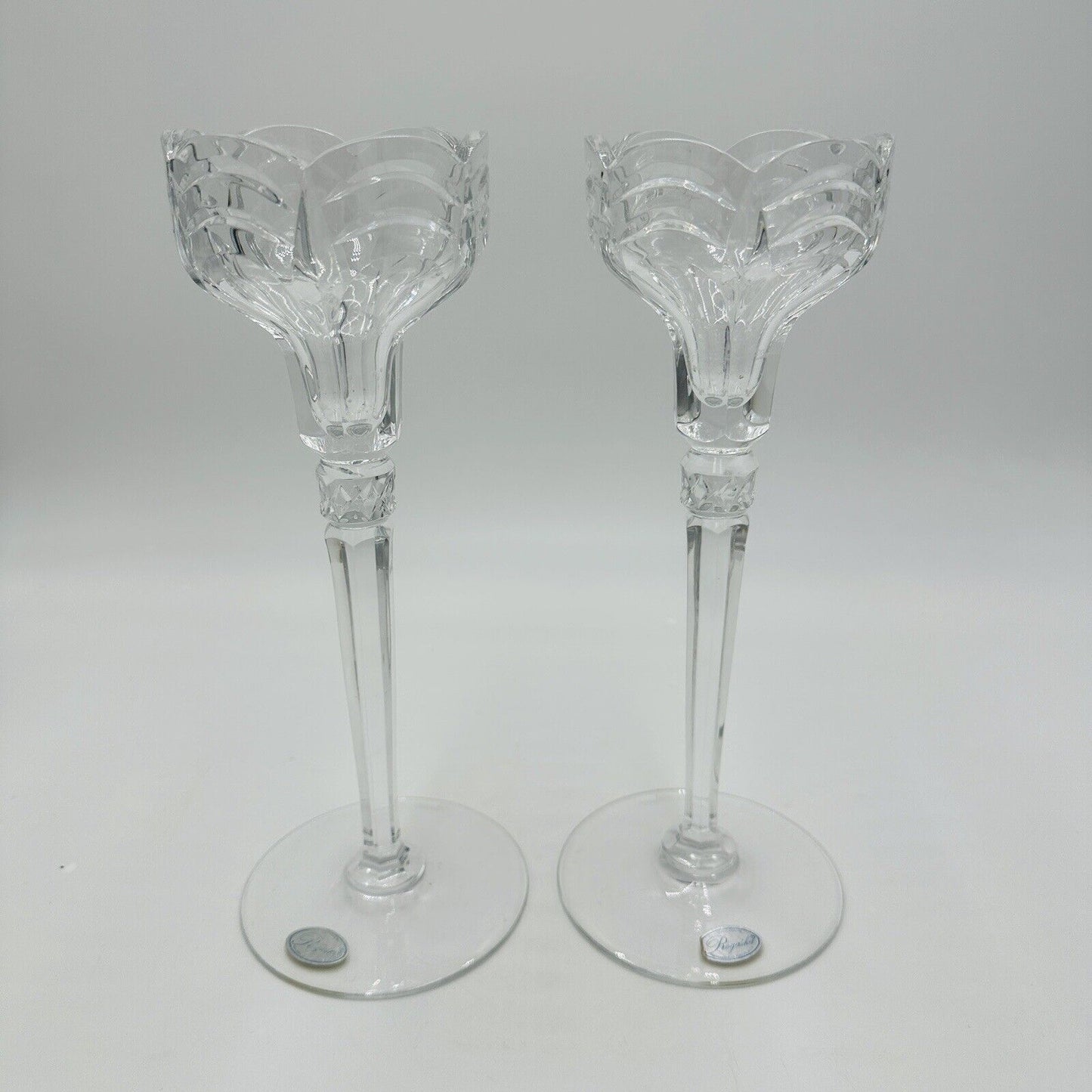 Rogaska Crystal Scalloped Wave Tall Candlestick Holders 10 1/2in Clear Vintage