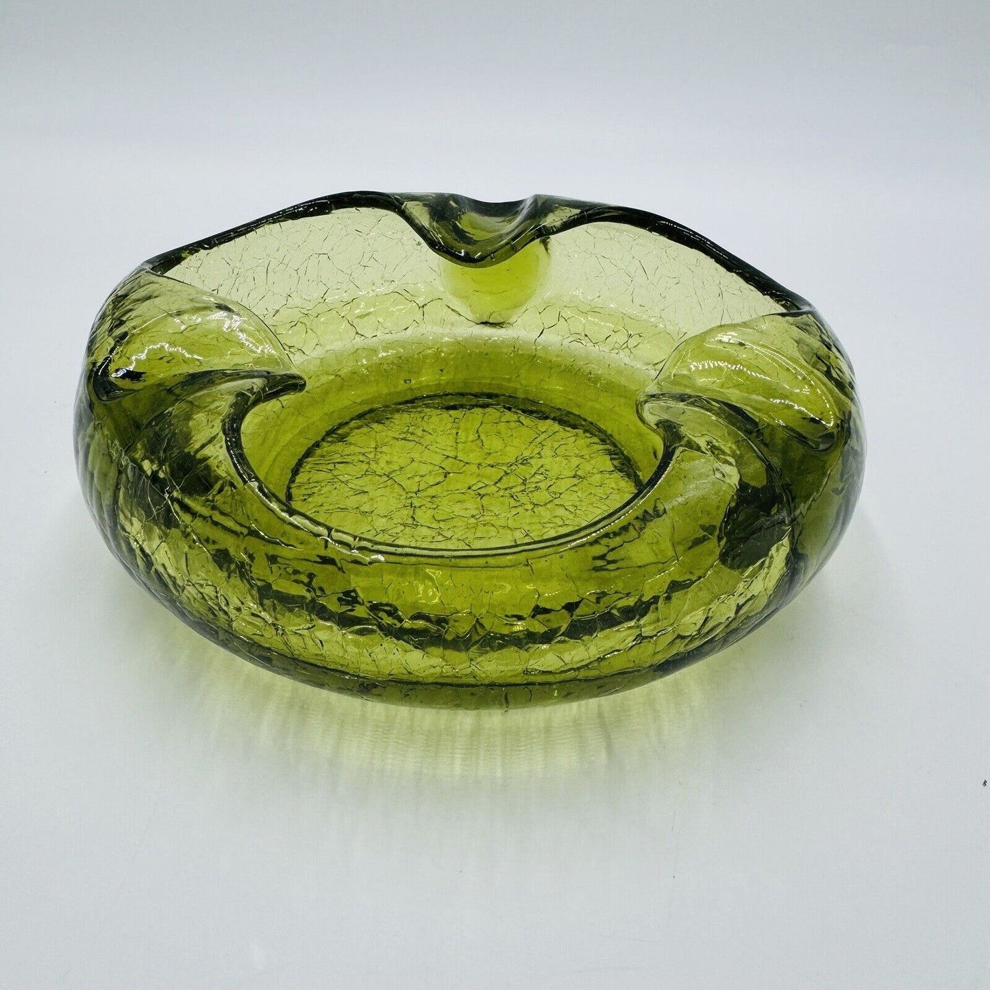 Viking Art Glass Cigar Ashtray Green Crackle MCM Vintage 7”