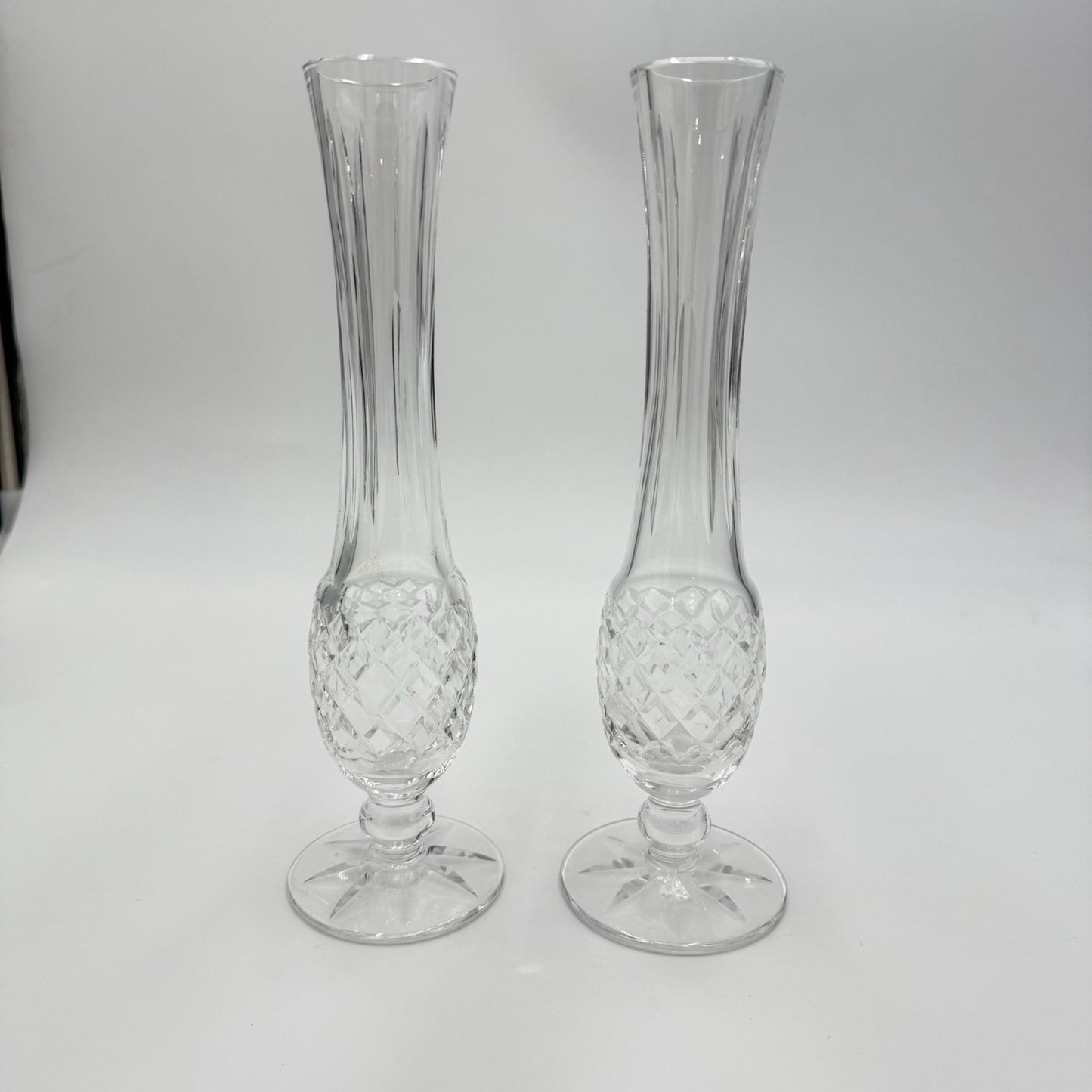 Vintage Waterford Crystal Lismore Alana 9 1/2" Pedestal Footed Bud Vase Pair