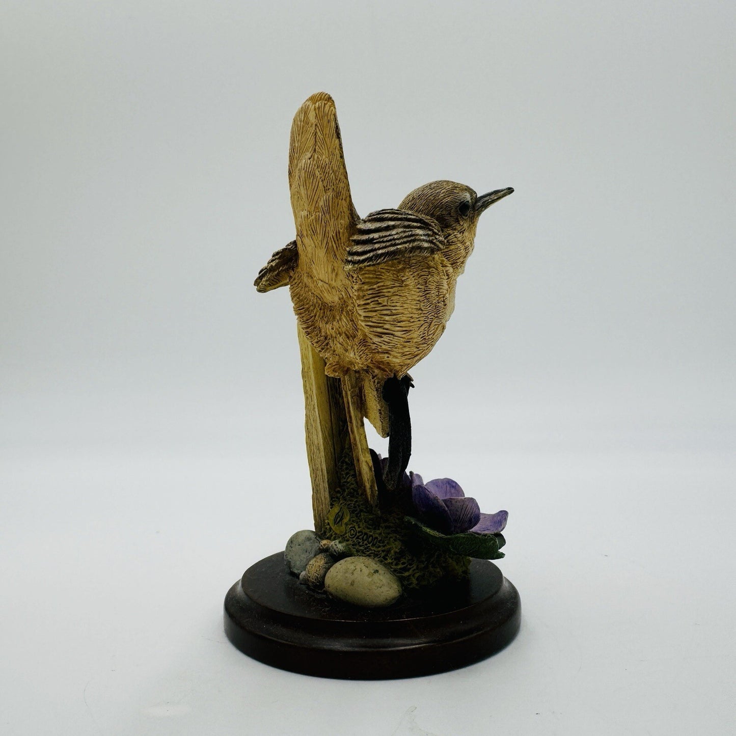 Country Artists Hand Painted House Wren w Violets Wood Base Figurine Vintage 4in
