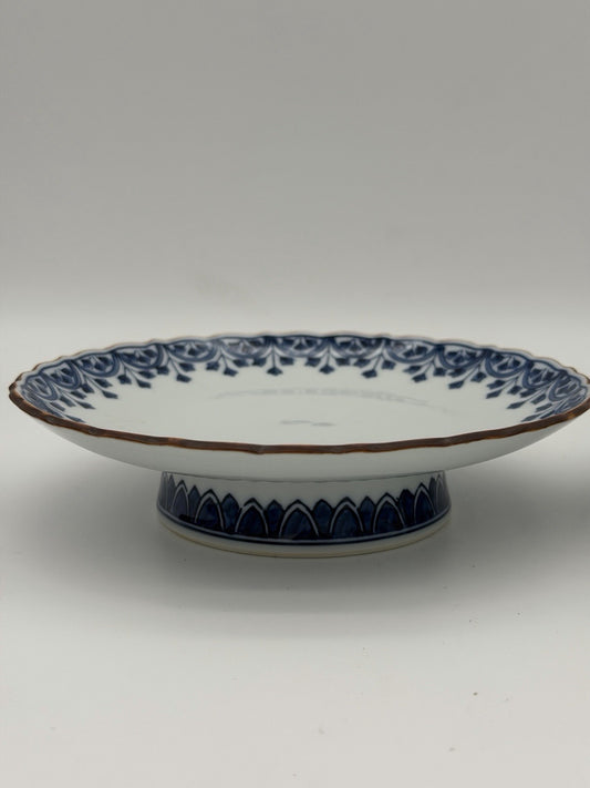 Antique Arita Japan Porcelain Blue /white Pedestal Painted Footed Serving Dish