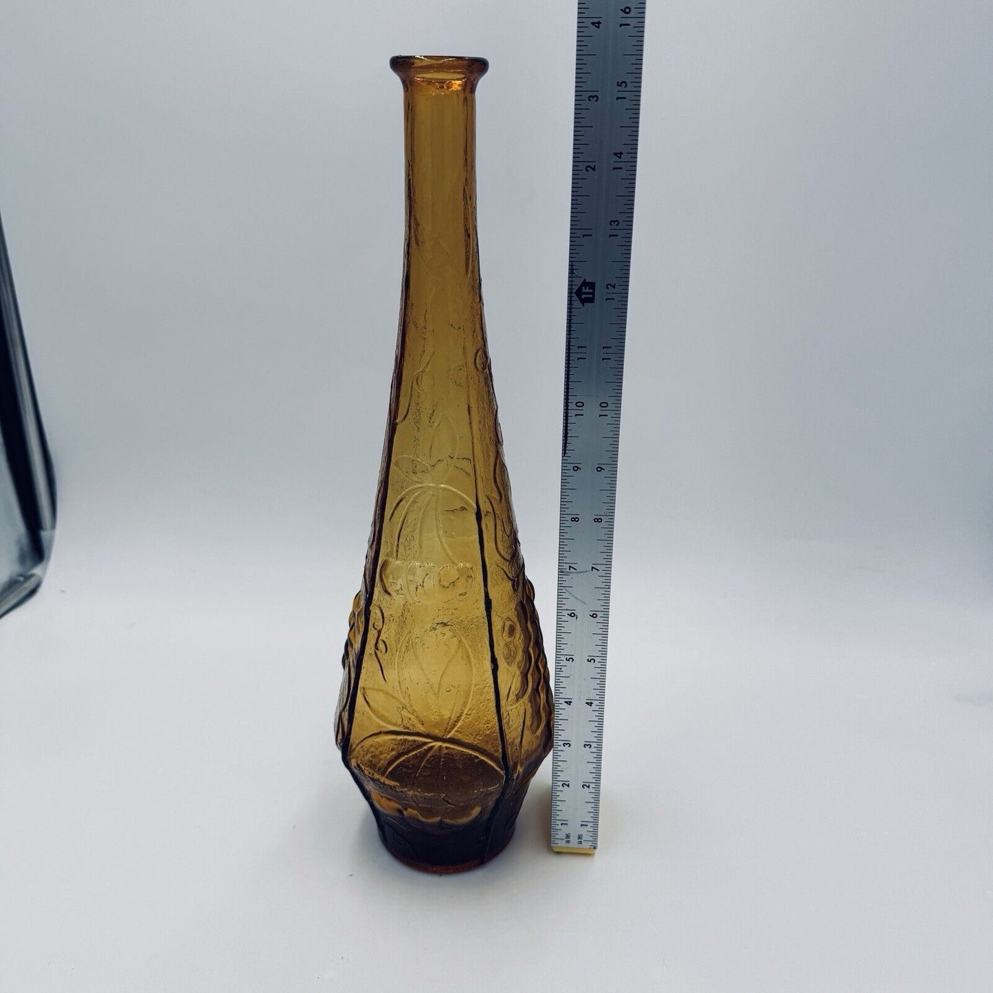 MCM EMPOLI DECANTER AMBER ART GLASS ITALY 1960's Genie Bottle Fruit Embossed