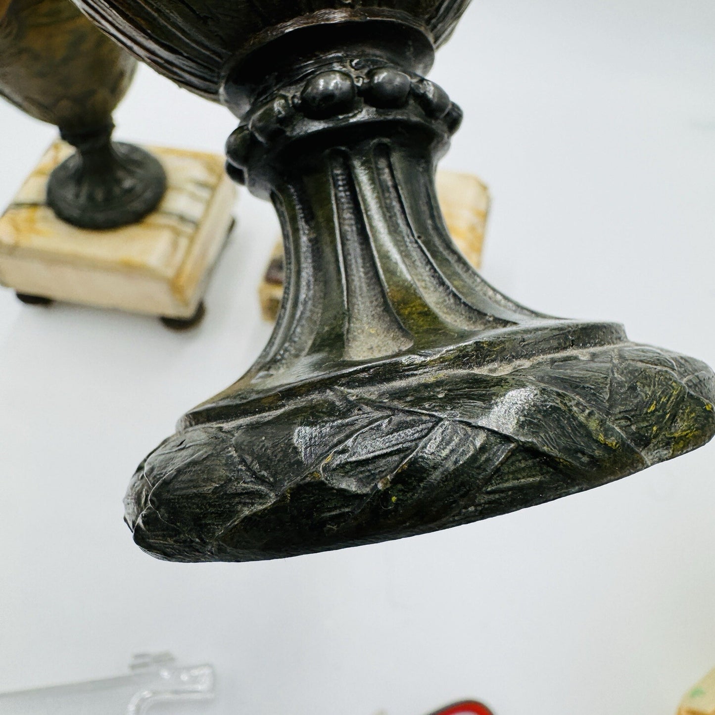 French metal vases rare 1800s Chateau ornate chimney cherubs marble base 13.5in