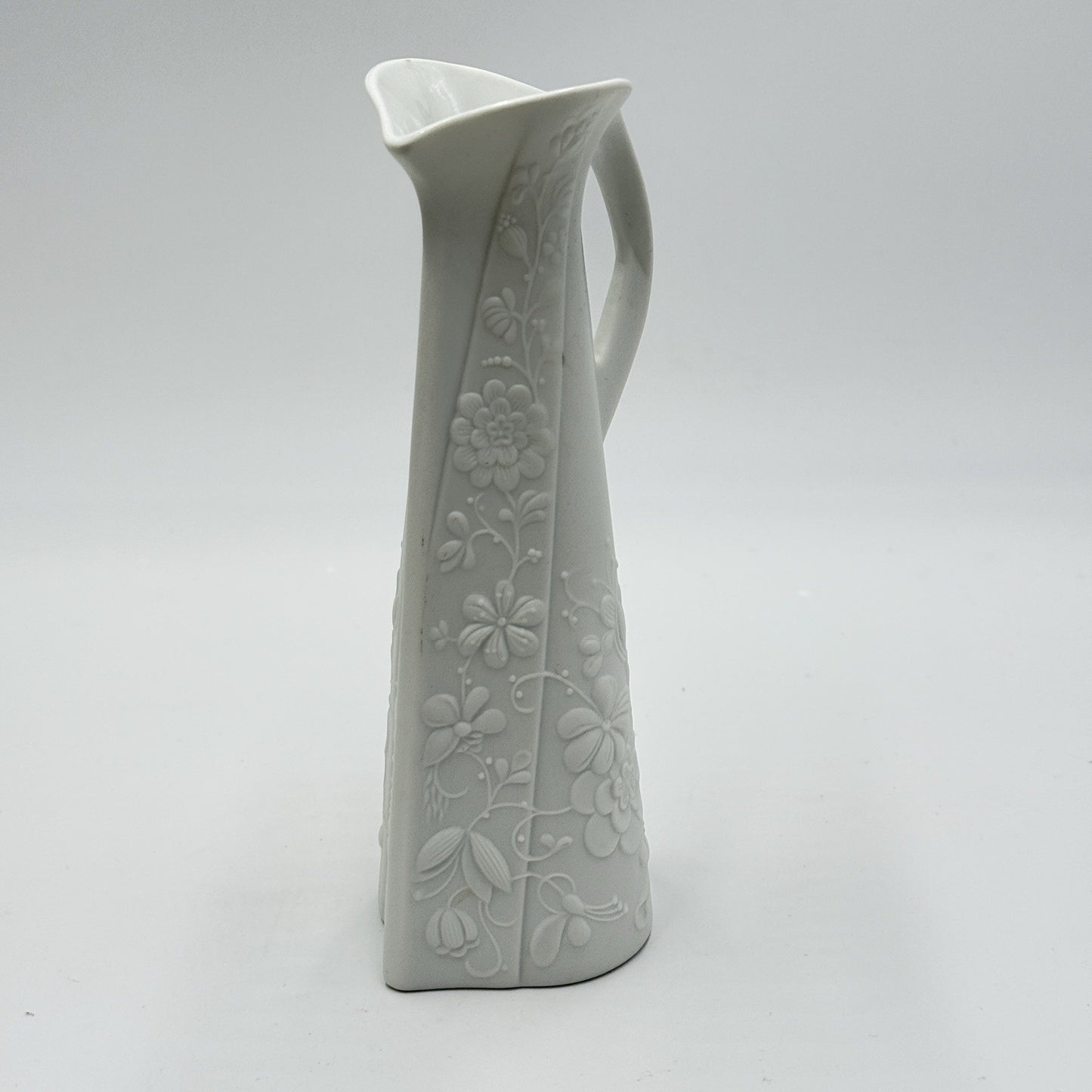 Kaiser Germany White Bisque Vase Embossed Floral Pitcher 8" By M.Fray Porcelain