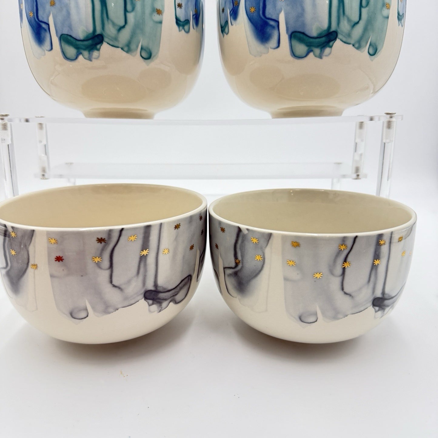 Anthropologie Night Sky Bowl Stoneware Blue Teal Drip Watercolor Gold Star Set 4