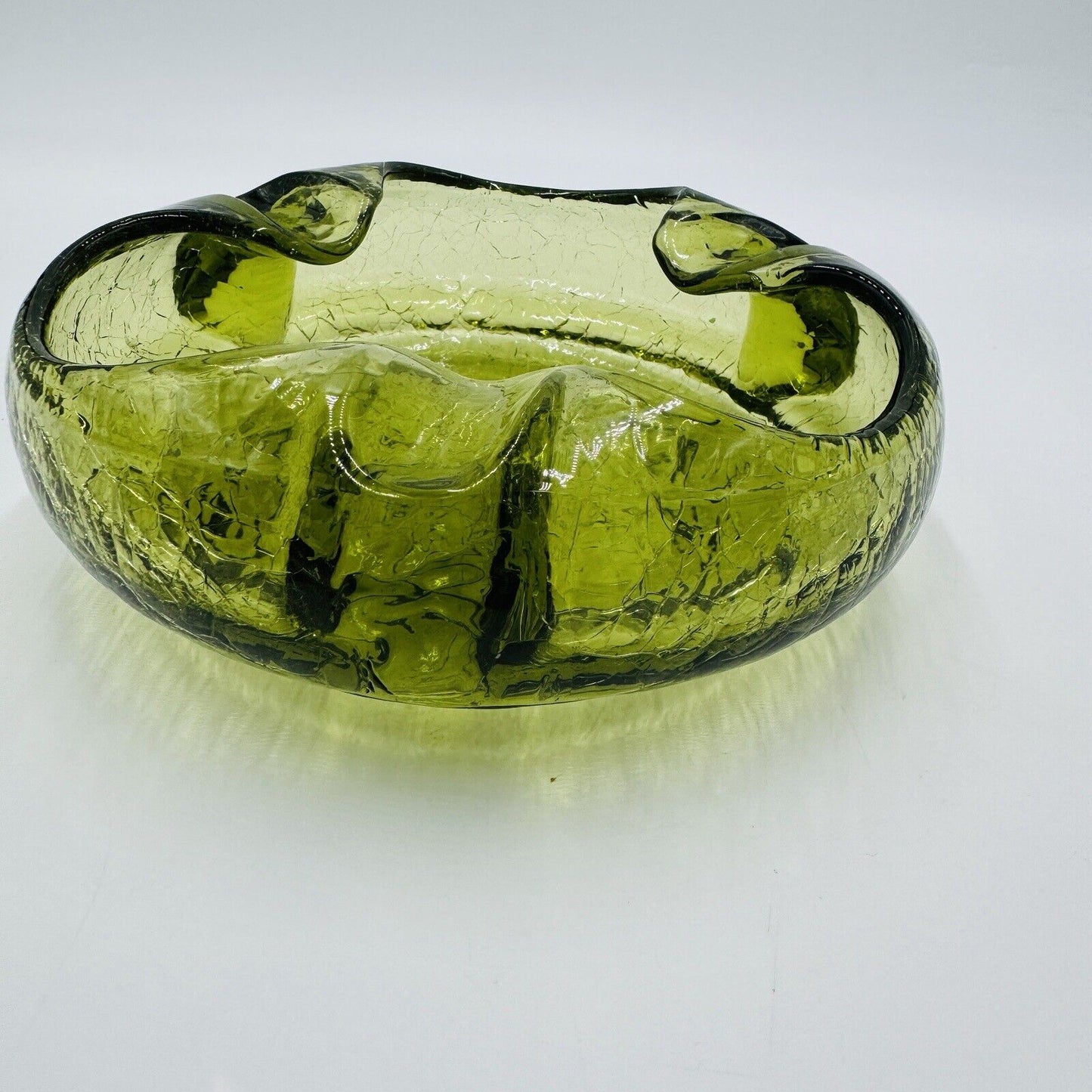 Viking Art Glass Cigar Ashtray Green Crackle MCM Vintage 7”