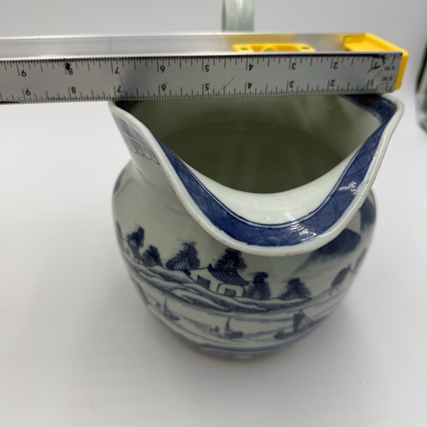 Antique Chinese Blue & White Canton Export Porcelain Large Pitcher 9”H x12” L