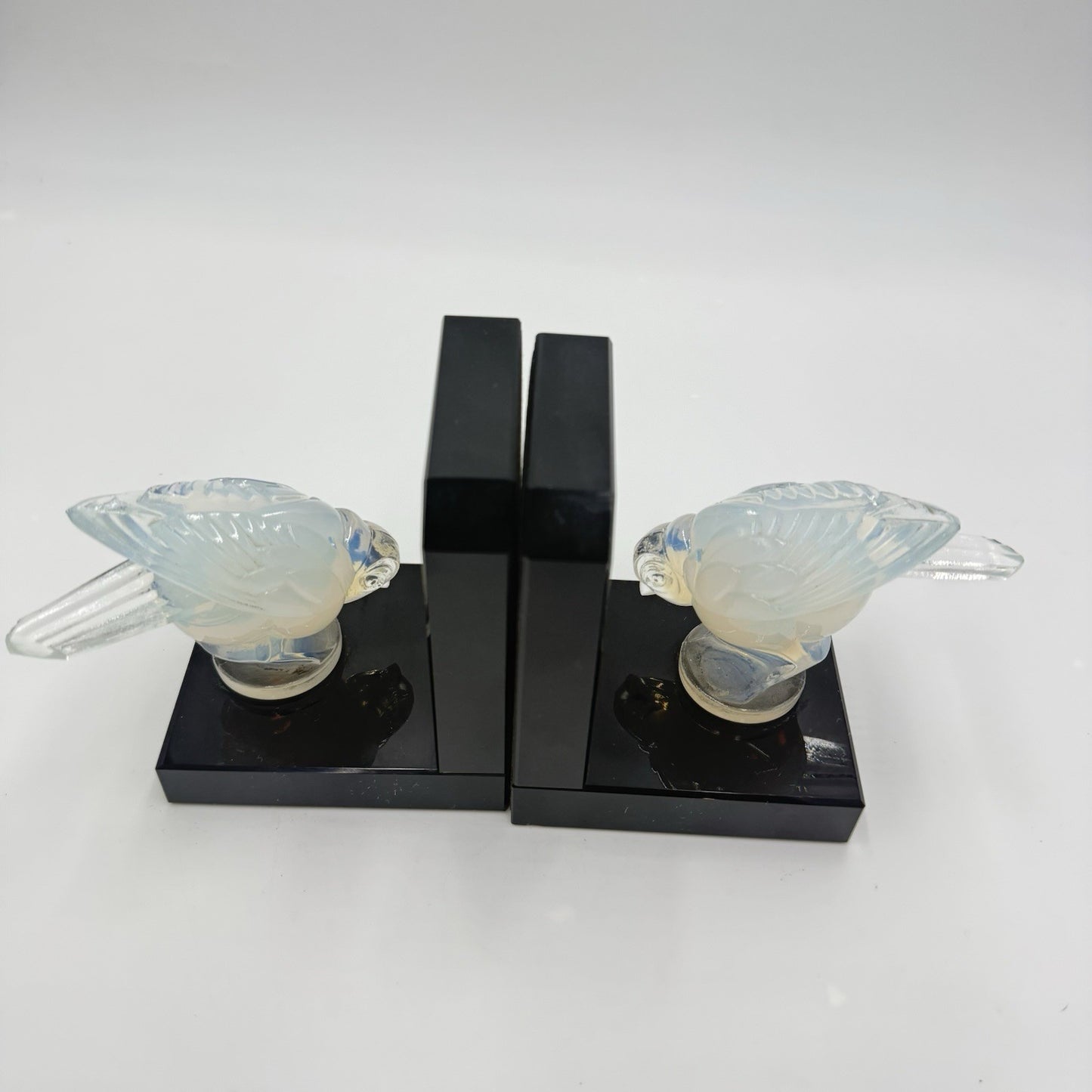 Sabino France Opalescent Art Glass Moineau Gourmand Sparrow Bookends Marble Base