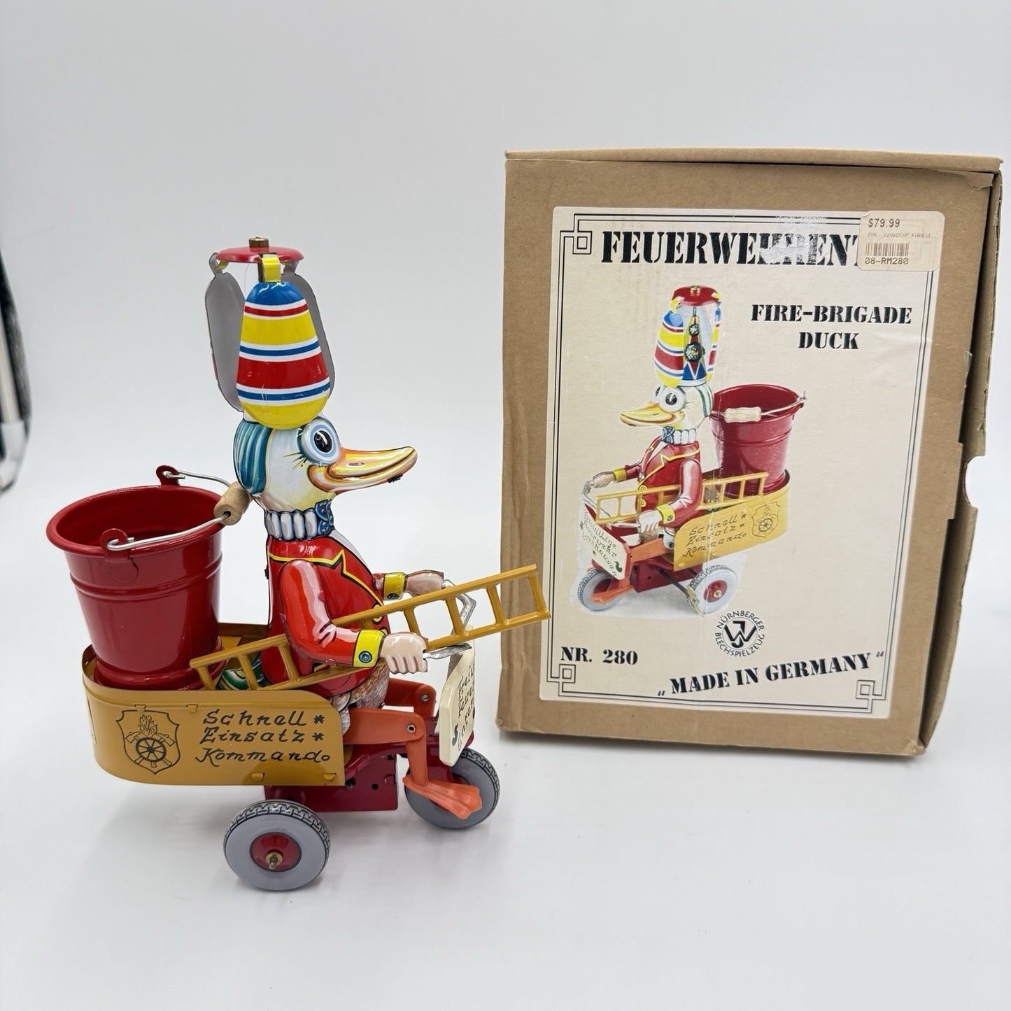 Fire Brigade Duck Tin Toy Germany Wilesco #280 Blechspielzeug Windup Works Boxed