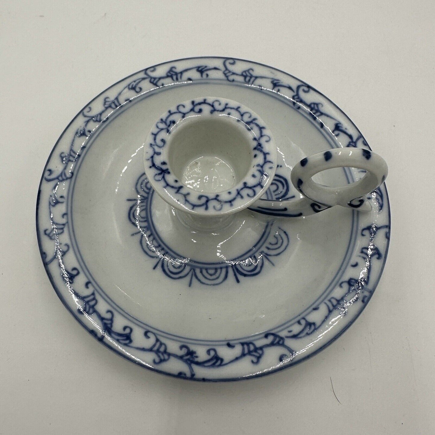 Ming Dynasty Candle Holder Vintage Glossy White & Blue Asian Decor Porcelain