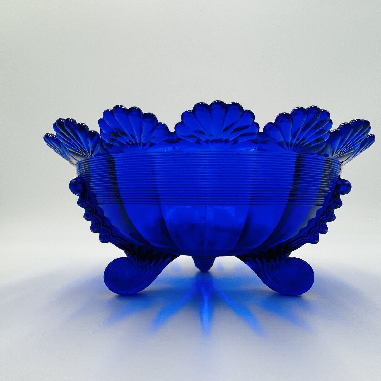 Vintage Mosser Footed Fruit Bowl cobalt blue art glass USA MCM