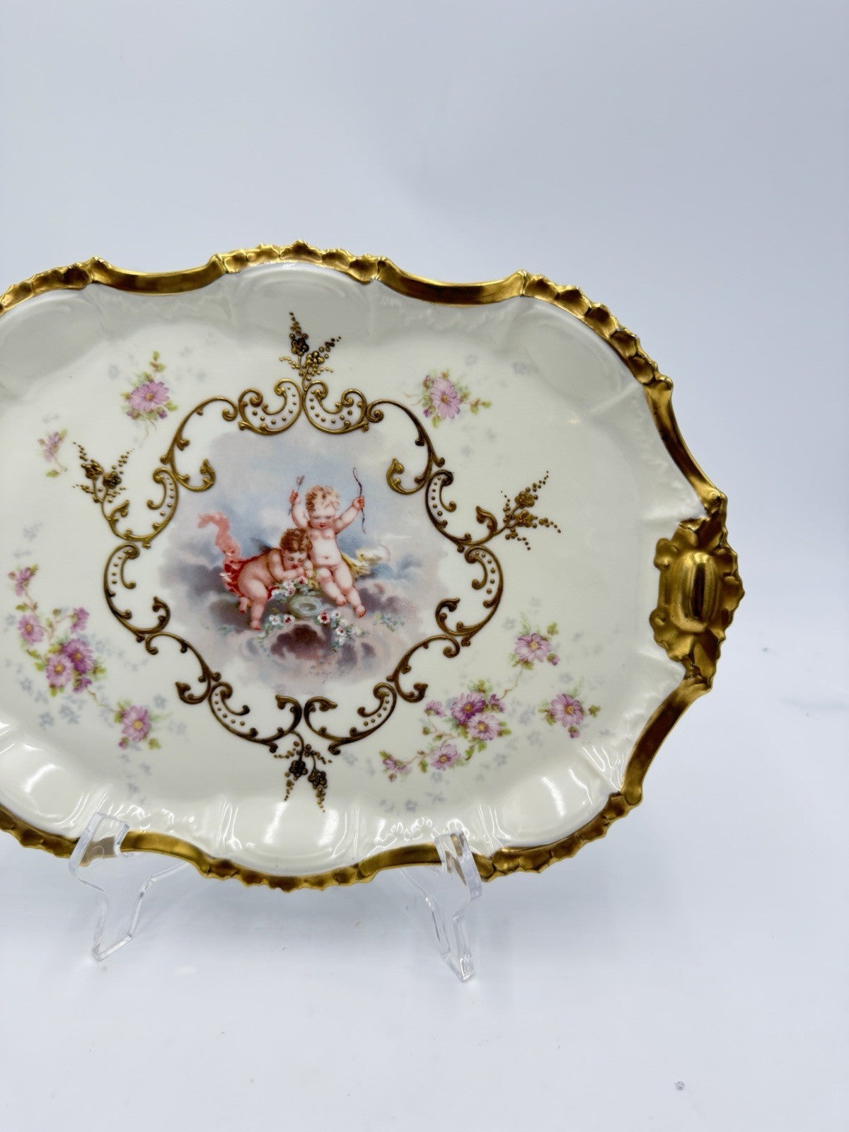 Antique AK Limoges France Cupid Cherubs Gilded Large Rectangle Platter Porcelain