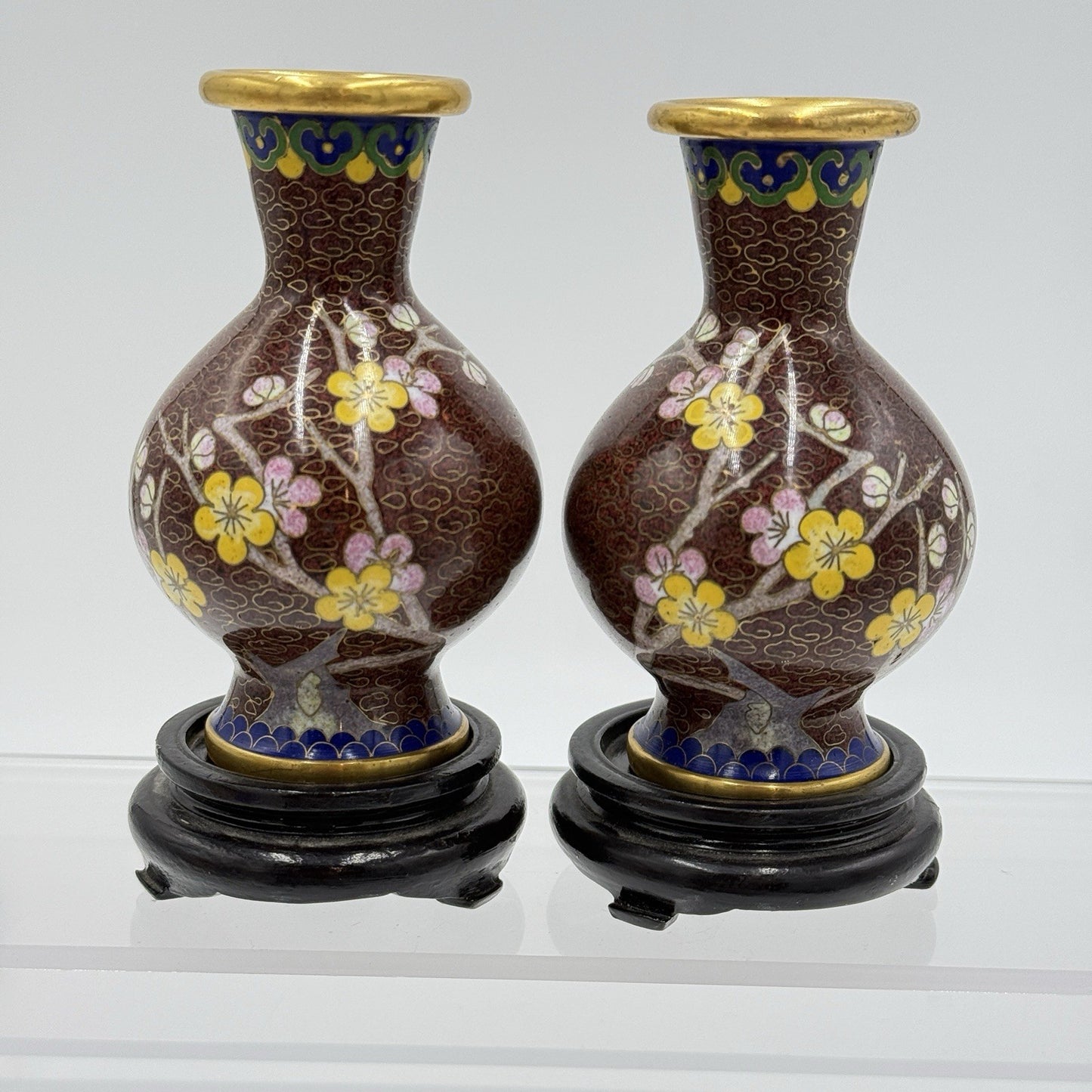 Vintage Cloisonne Enameled Cherry Blossom Brown Mini Vases Brass Chinese 4” Pair