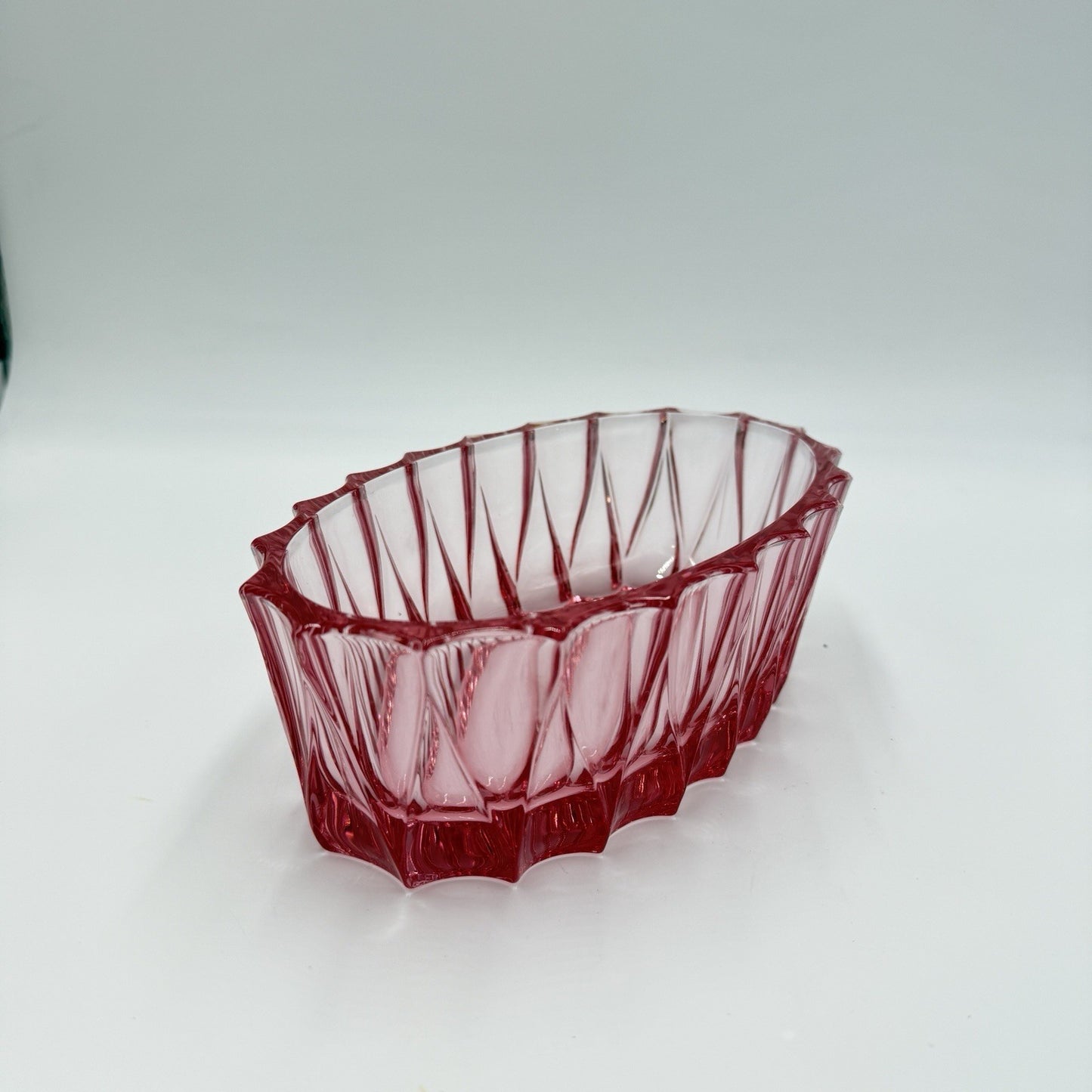Vintage Fostoria Art Glass Pink Faceted Oval Bowl # 189 MCM 1960 Measure 9”x3”