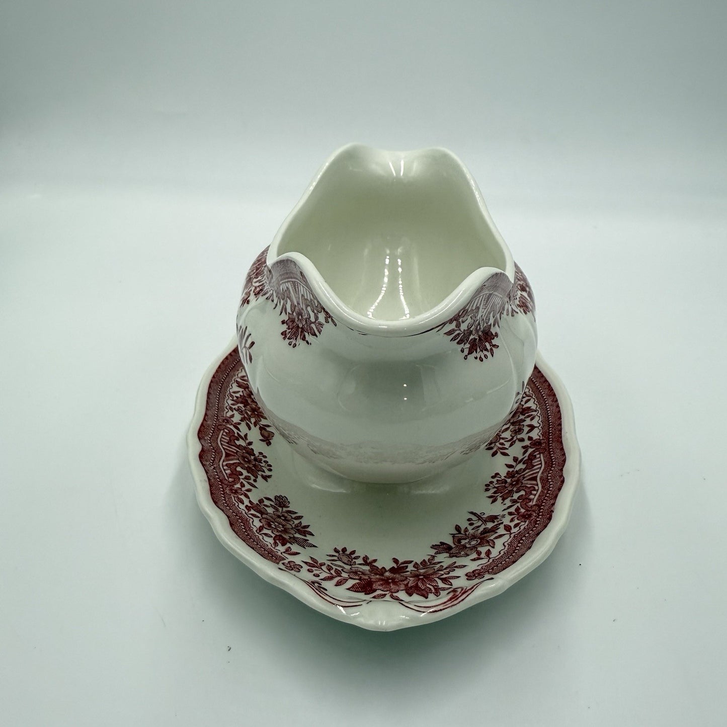 Vintage Villeroy & Boch Gravy Boat Porcelain Fasan Germany Red Floral Mettlach