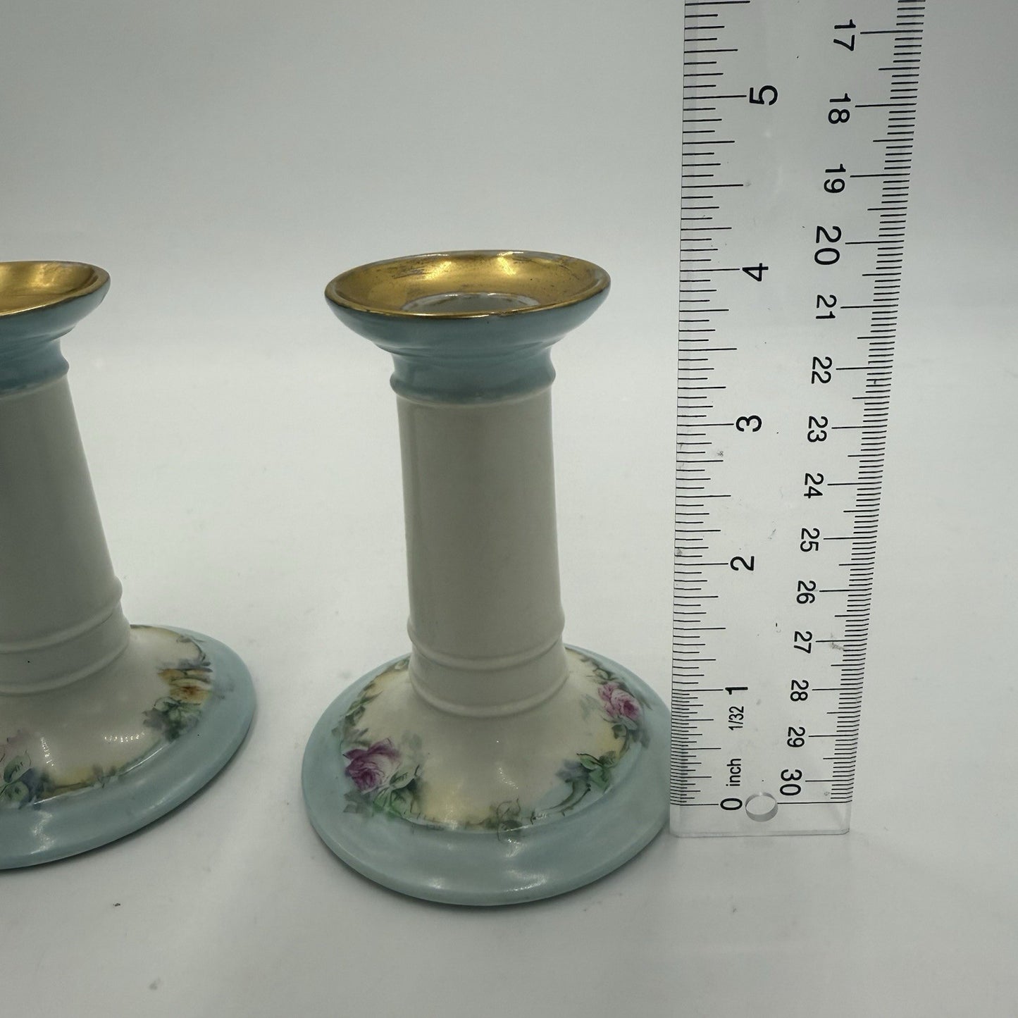 Antique Limoges France W.G. & Co Porcelain Pink Roses Candle Holders Painted