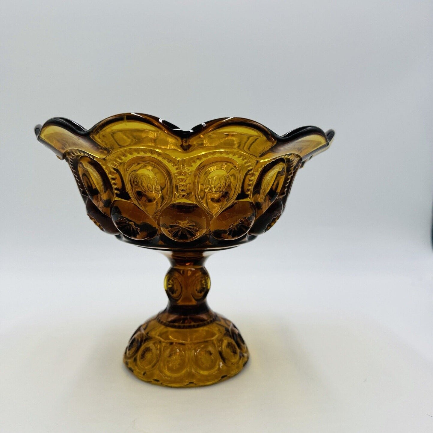L.E. Smith Moon & Stars Amber Art Glass Pedestal Candy Bowl Dish 7in x 8in