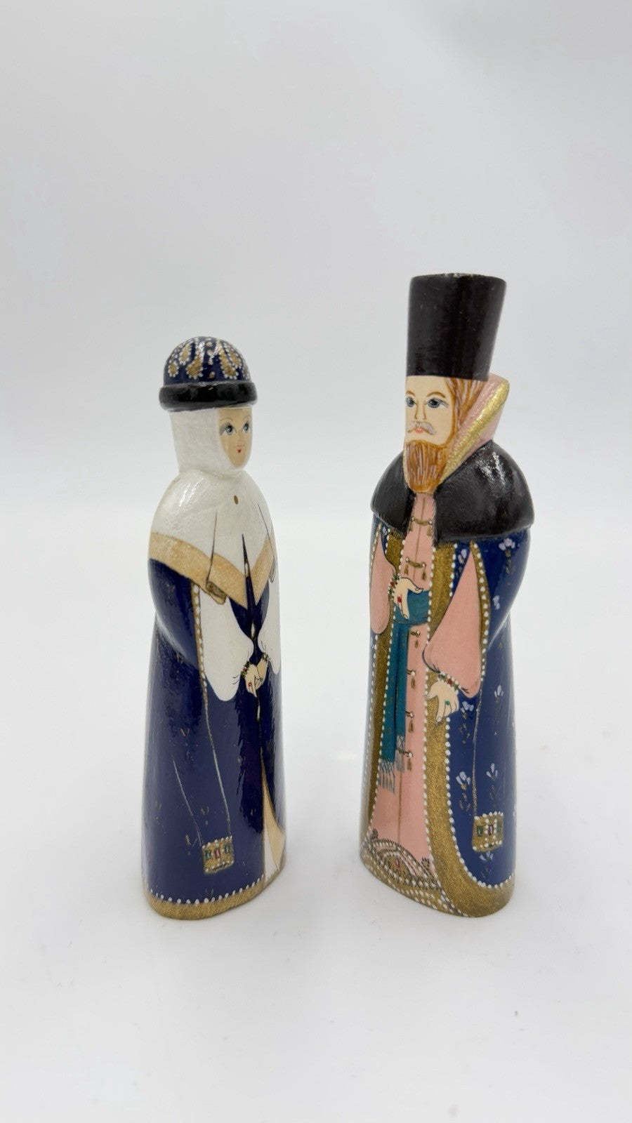 Vintage Folk Art Wood Carved Russian King & Queen Hand Painted Signed Figurines