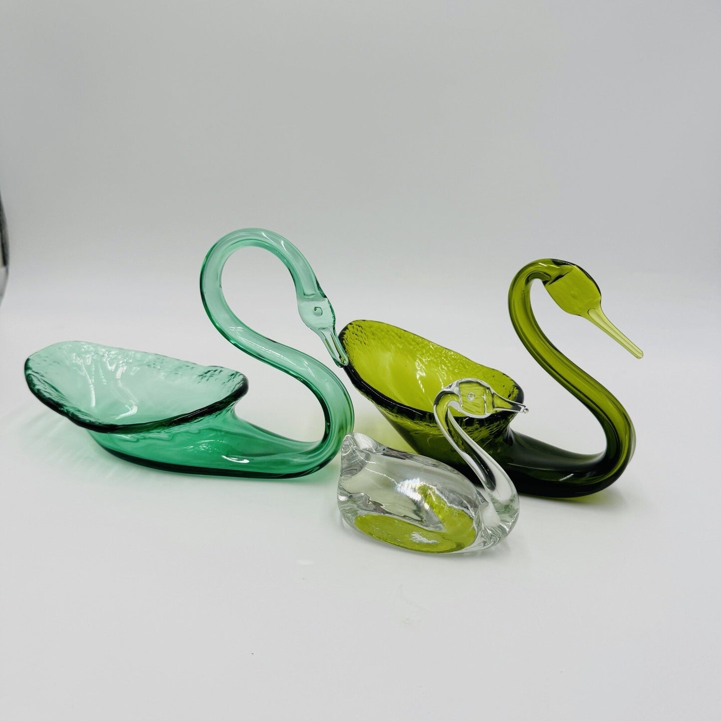 Viking Swan Figurines Art Glass Green Avocado Clear Vintage MCM Set 3 Pieces