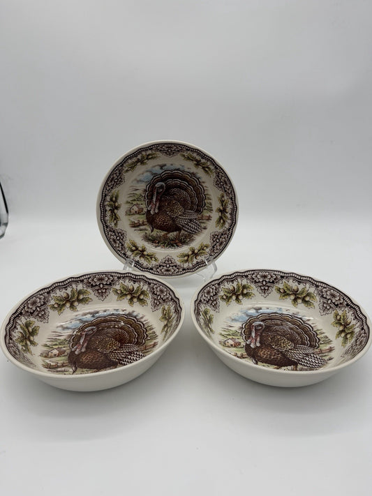 Victorian English Pottery Turkey Bowls Dinnerware Fall Thanksgiving 7”set 3 PCs