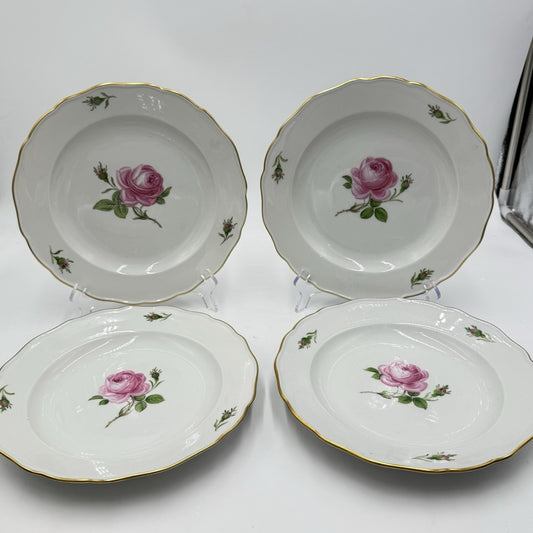 Meissen Porcelain Germany Pink Roses Deep Dinner Plates 9.5”x1” Circa 1920 Set