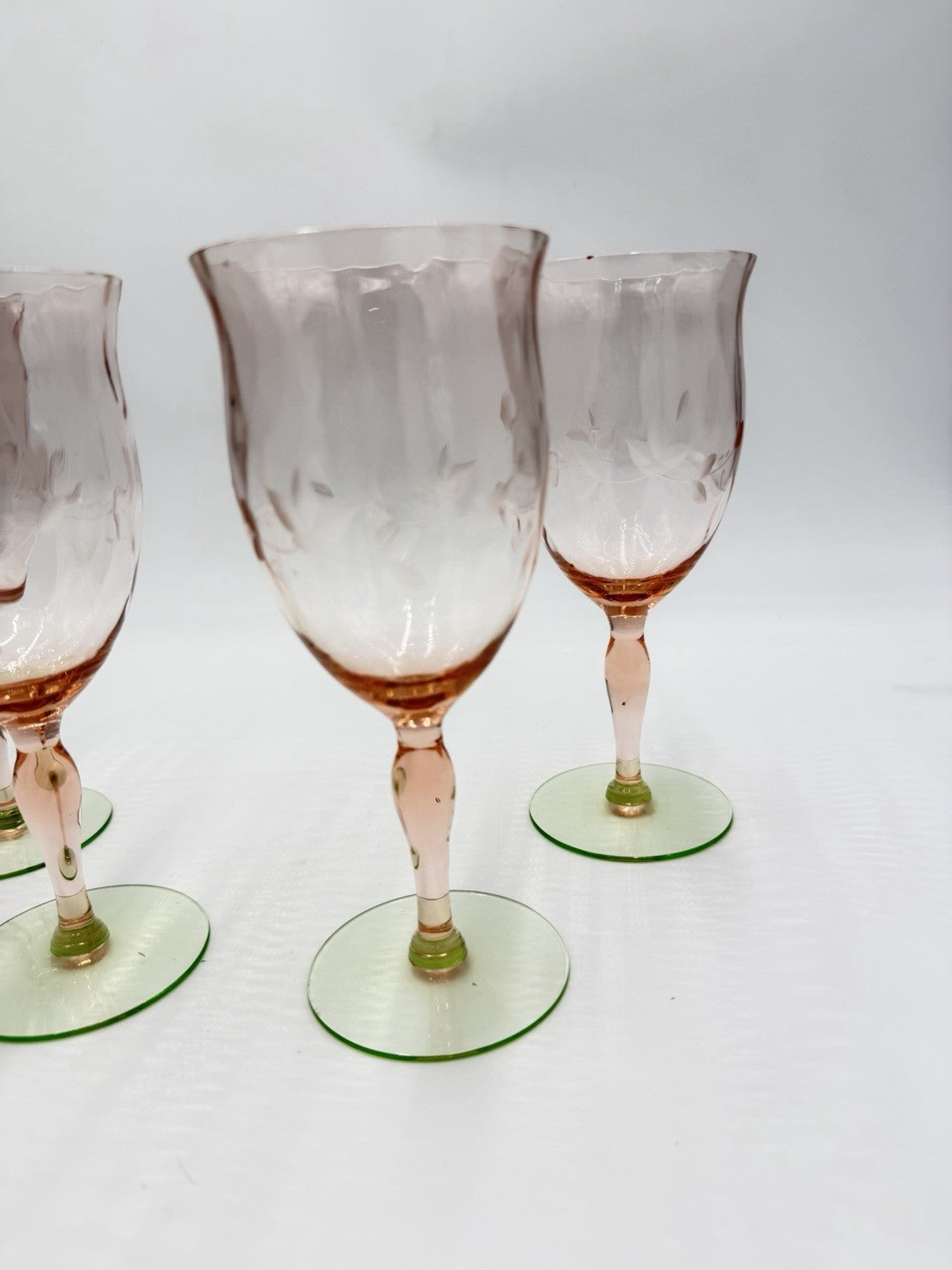 1930 Art Glass Uranium Weston Watermelon Etched Stemmed Wine Glasses 4pcs