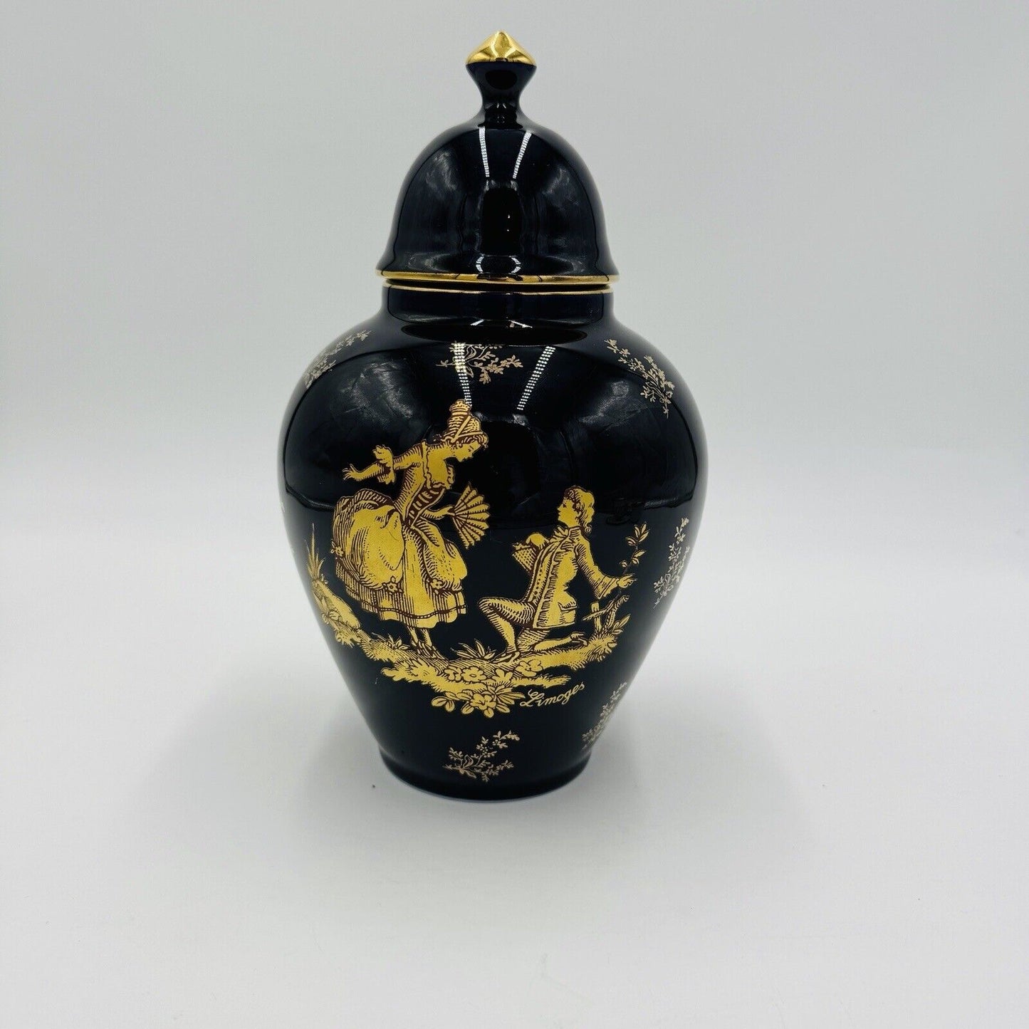 Limoges France Cobalt Blue Urn W/ Lid courting couple porcelain 9.5” Gold Trim