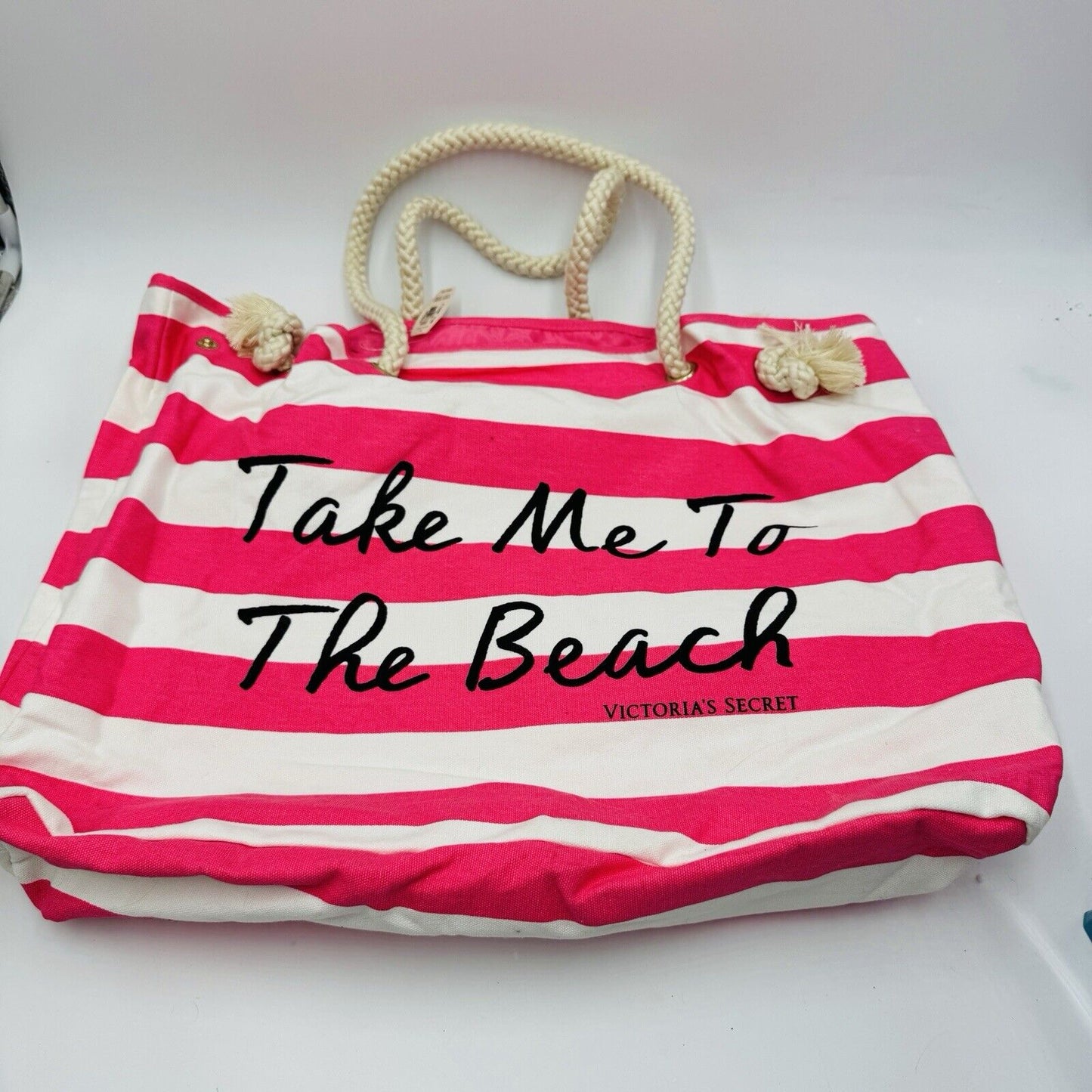 Victoria Secret’s Take Me To The Beach Canvas Striped Tote Bag Pink White New