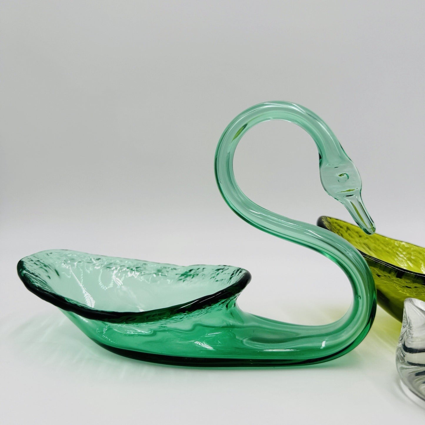 Viking Swan Figurines Art Glass Green Avocado Clear Vintage MCM Set 3 Pieces
